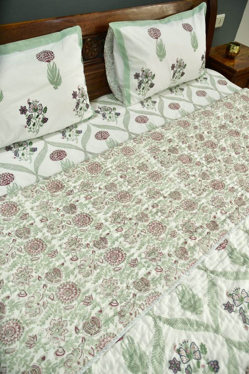 Butterfly and Floral Premium HandBlock Quilt Bedding Set