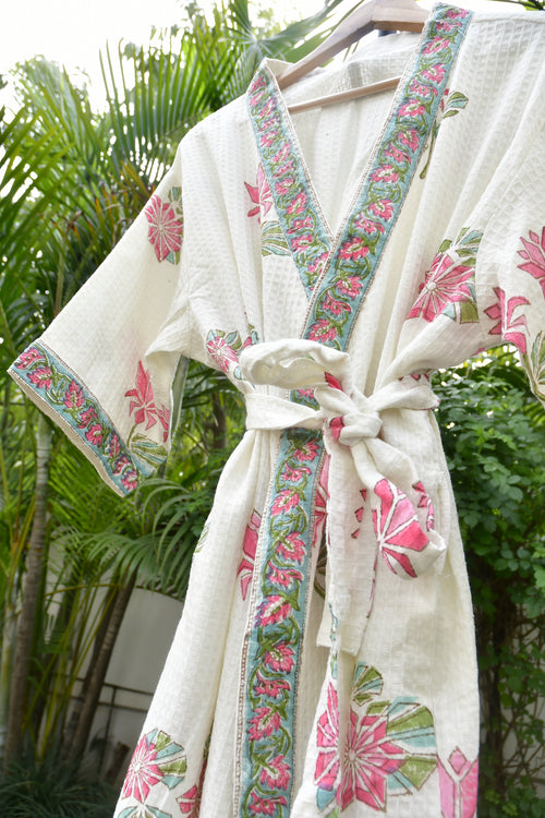 Pink Lotus waffle cotton Bathrobe