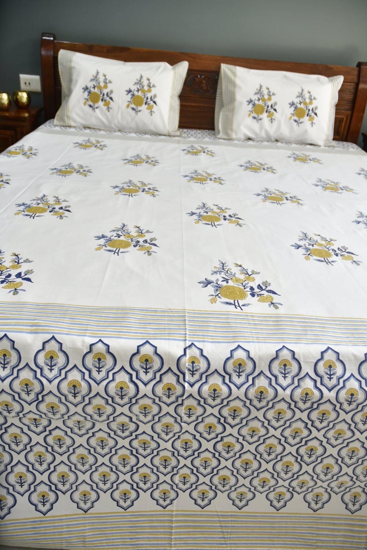 Royal Blue yellow Buta Bedsheet Hand Block Jaipuri