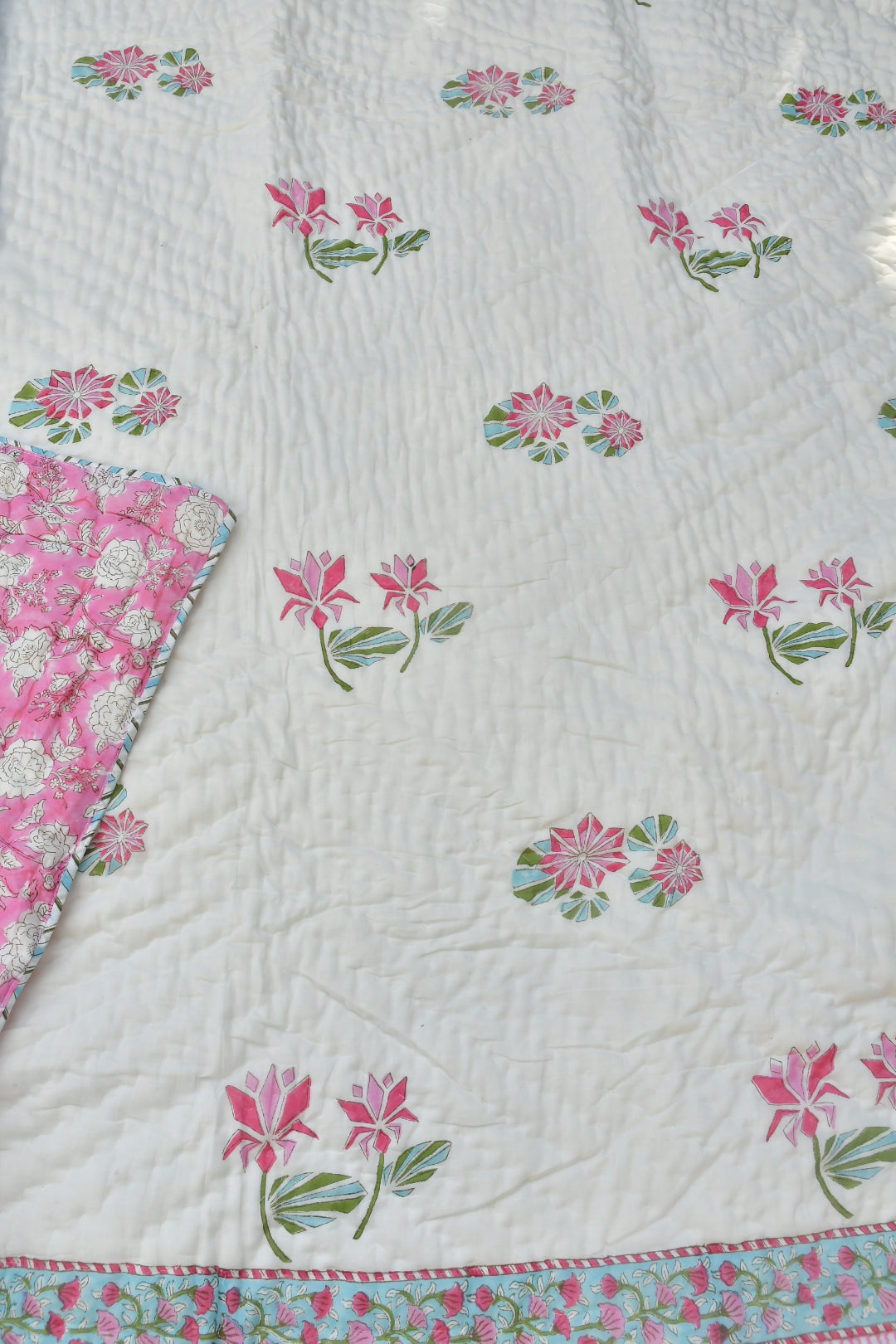 Pink Lotus Handblock Reversible Quilt