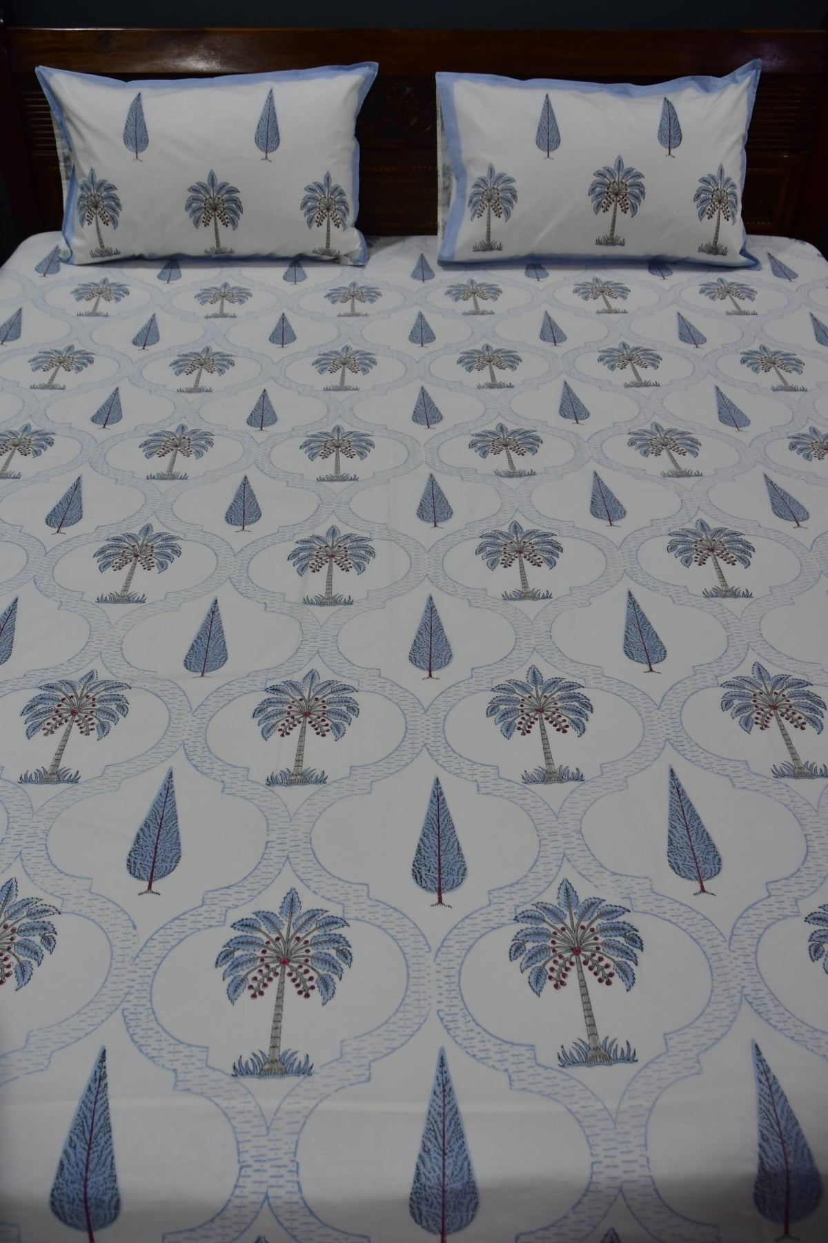 Blue Palm Hand Block Bedsheet - Premium cotton