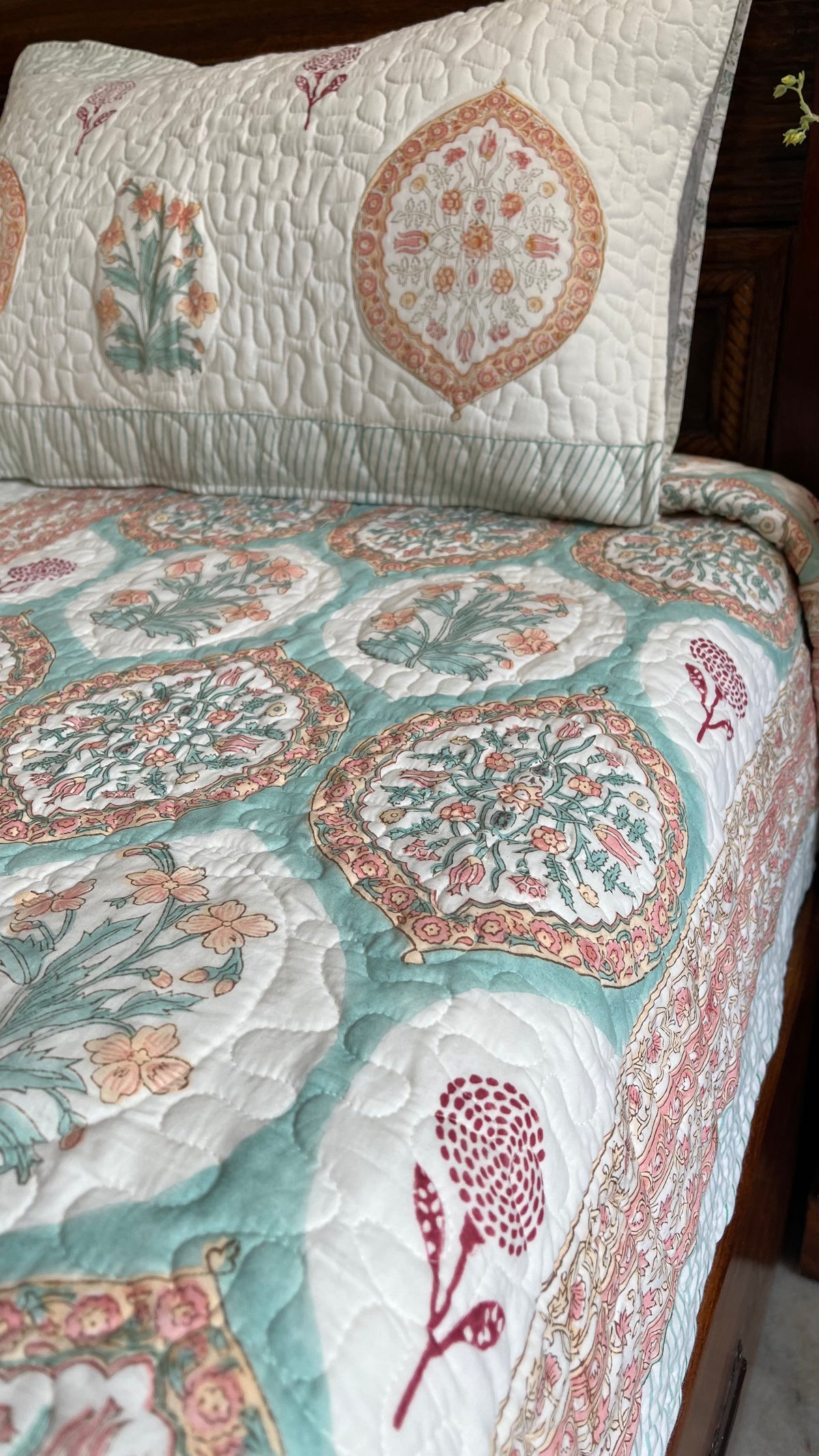 Peach and Green Floral Quilted Bedcover Preimum home decor