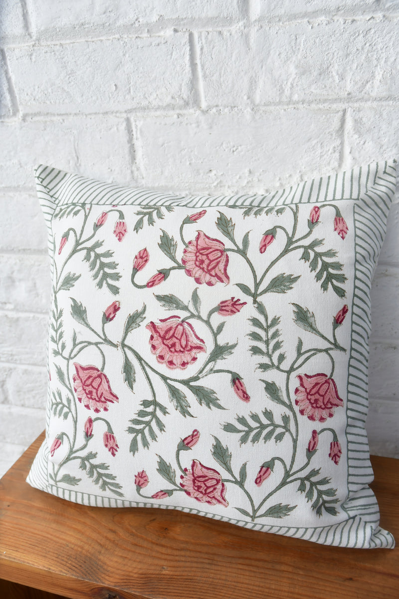 Pink n green HandBlock cotton cushion cover 