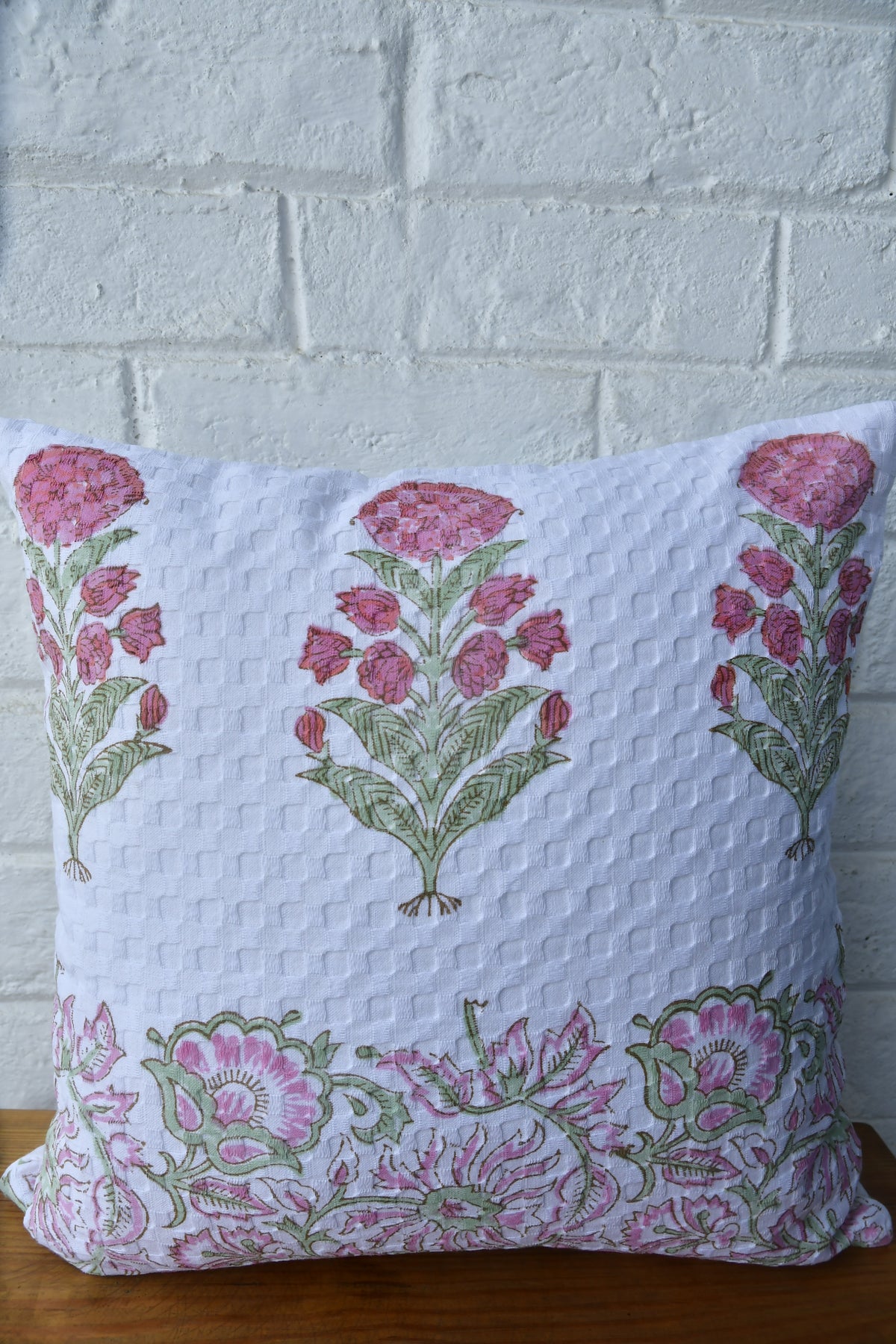 Waffle cotton HandBlock pink cushion cover 