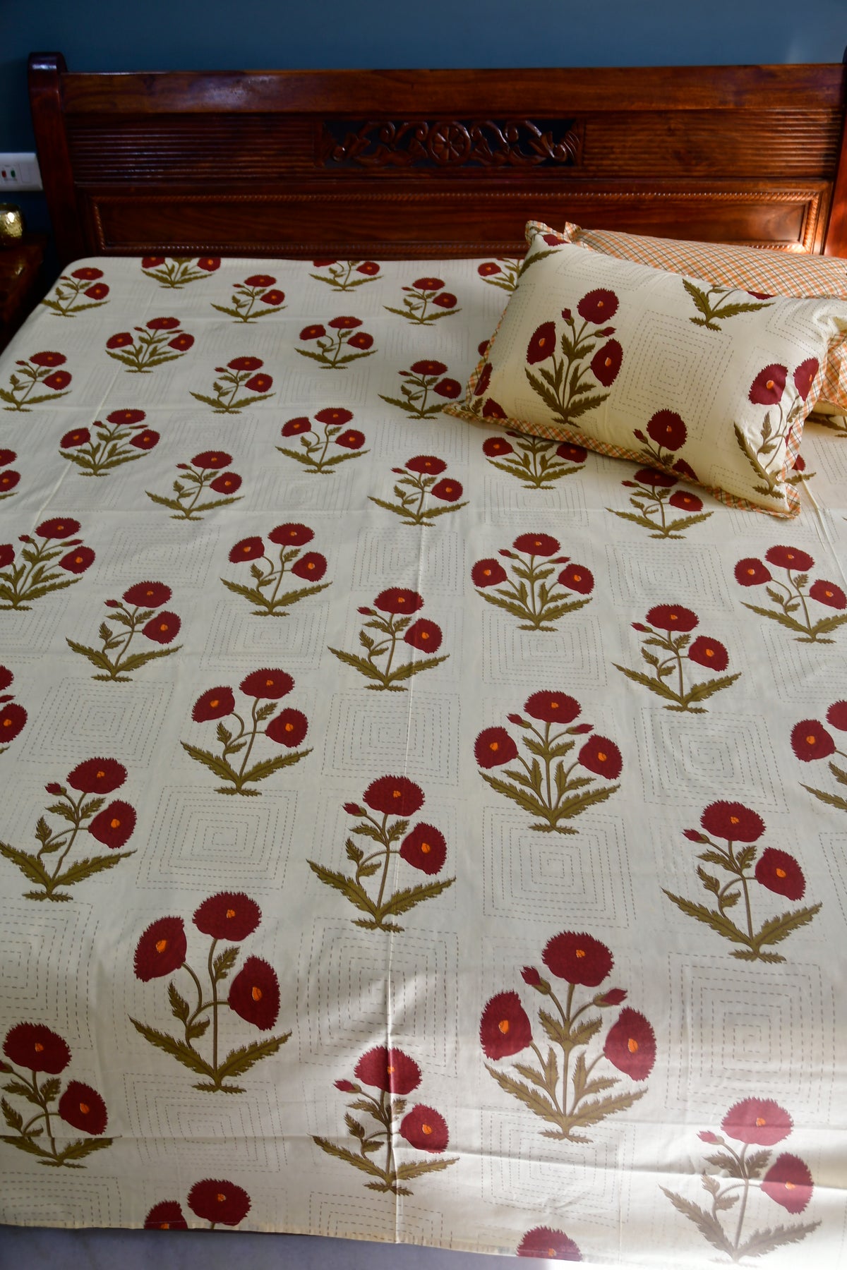 Red poppy cotton Bedsheet Hand Block