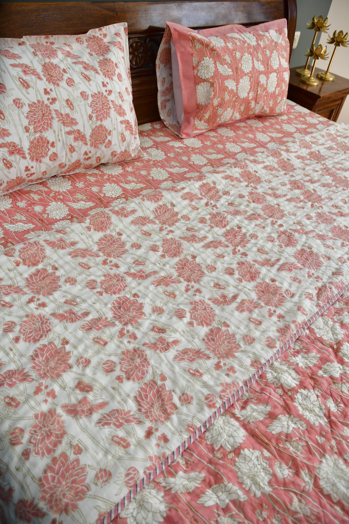 Pink floral Bedding set - Premium Hand block, Jaipuri print