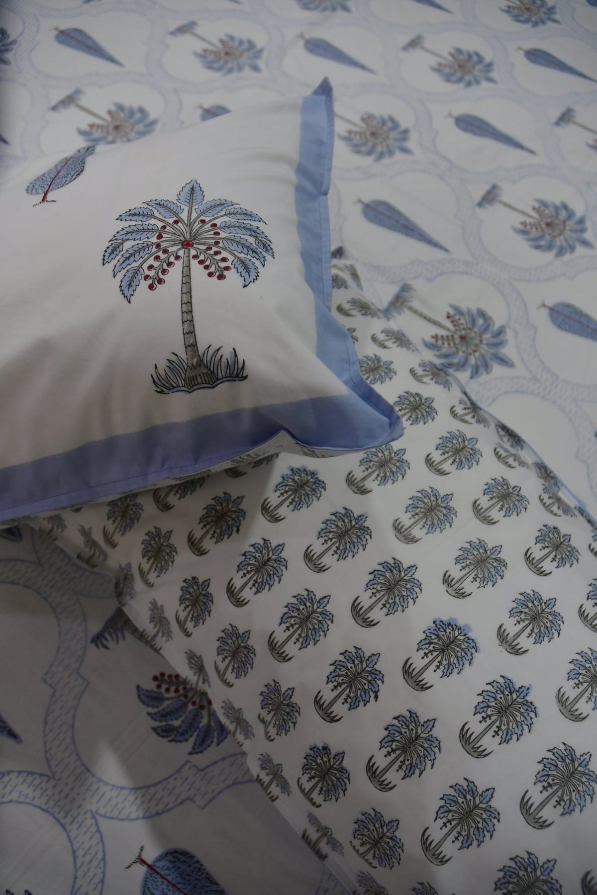 Blue Palm Hand Block Bedsheet - Organic cotton