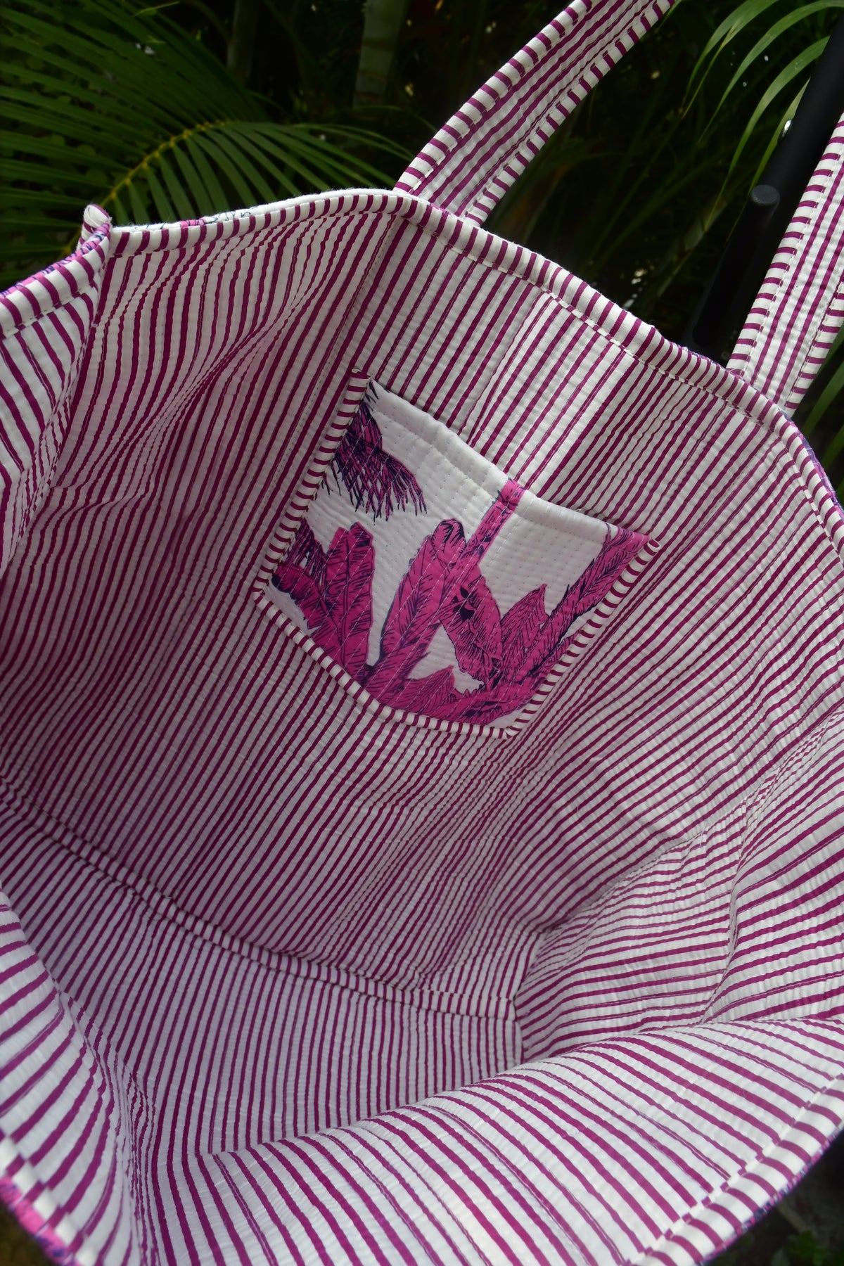 Pink White Palm Tree Tote Bag Premium Hand Block