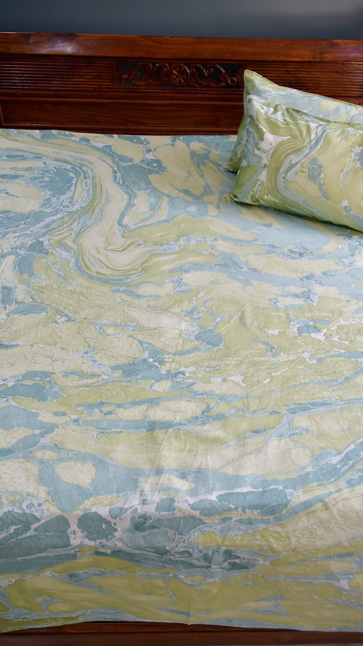 Green Blue Marble Double Hand Block Bedsheet