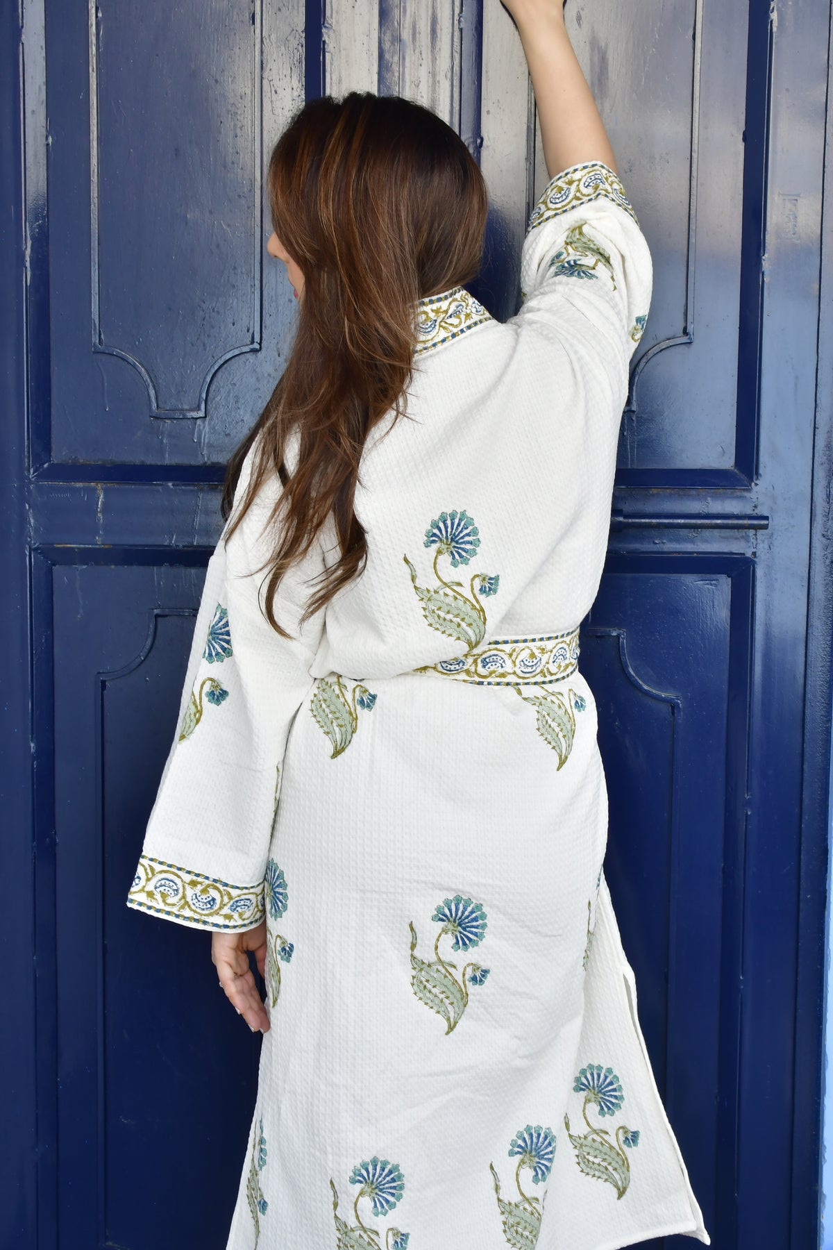 Blue Green Floral Waffle Cotton HandBlock Bathrobe