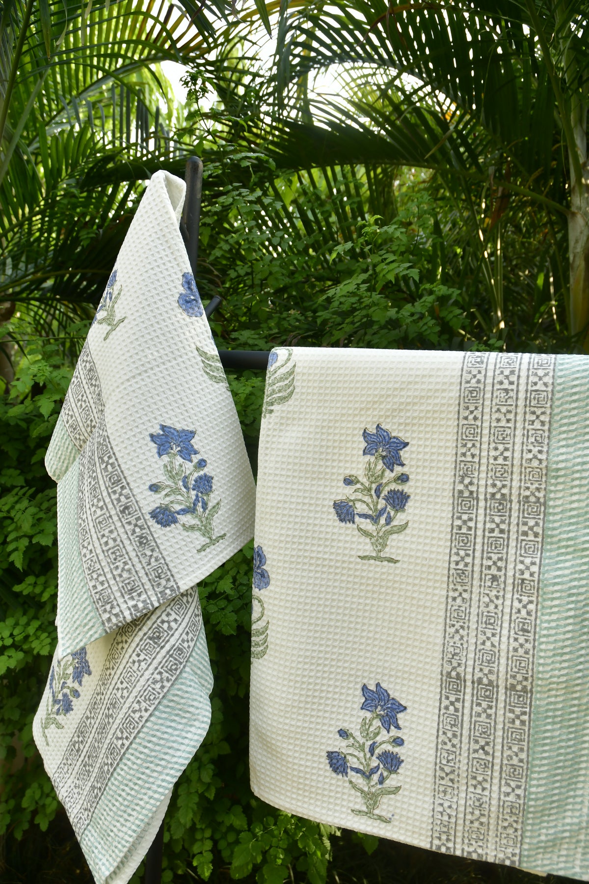 Luxurious Blue Lily Bath & Hand Towel Set: Hand Block Printed (India)