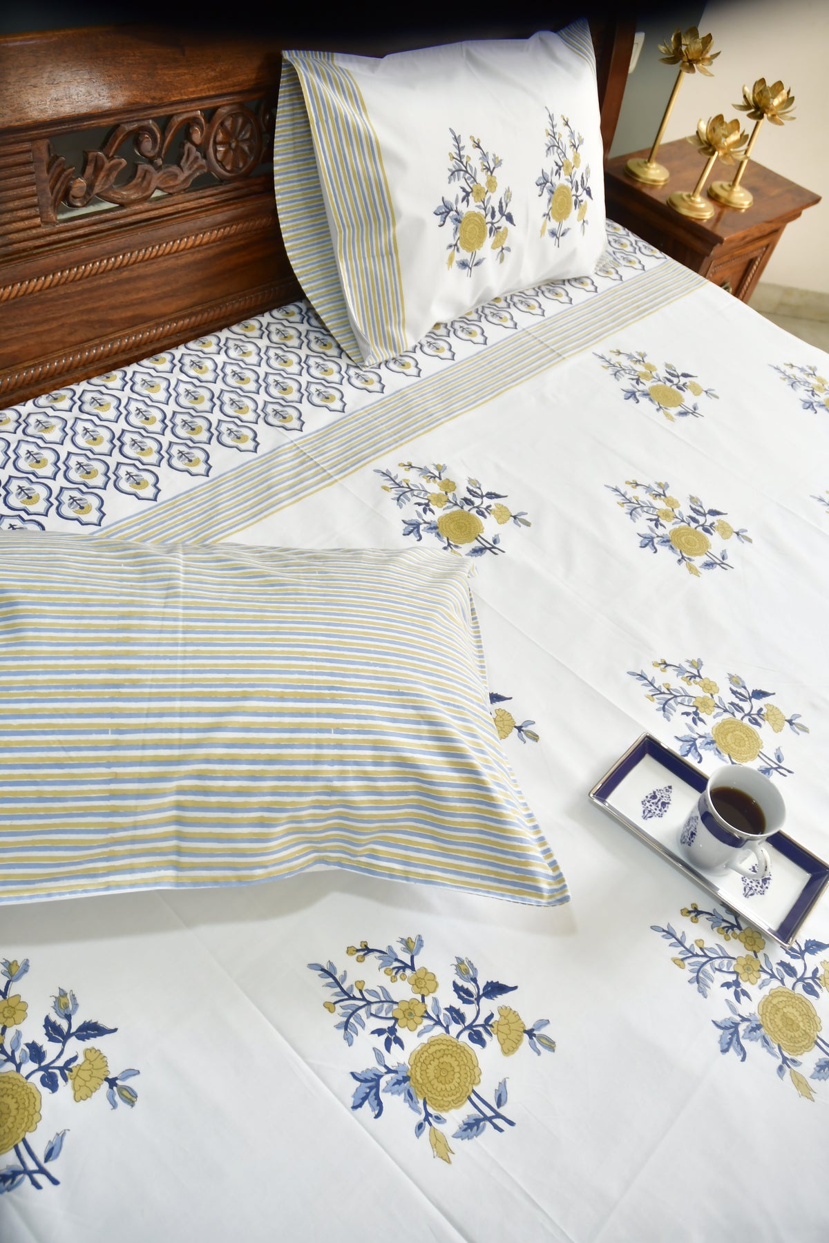 Royal Blue yellow Buta Bedsheet Hand Block organic