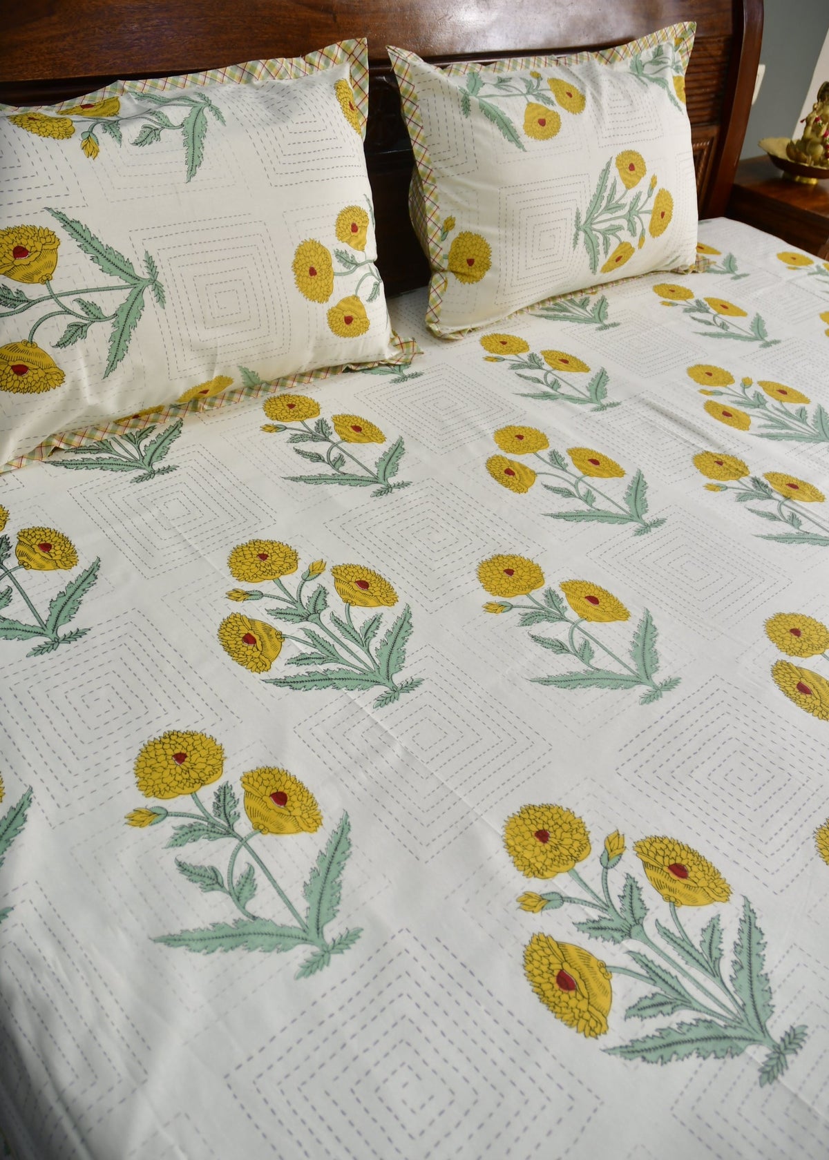 Yellow poppy cotton Bedsheet Yellow and green