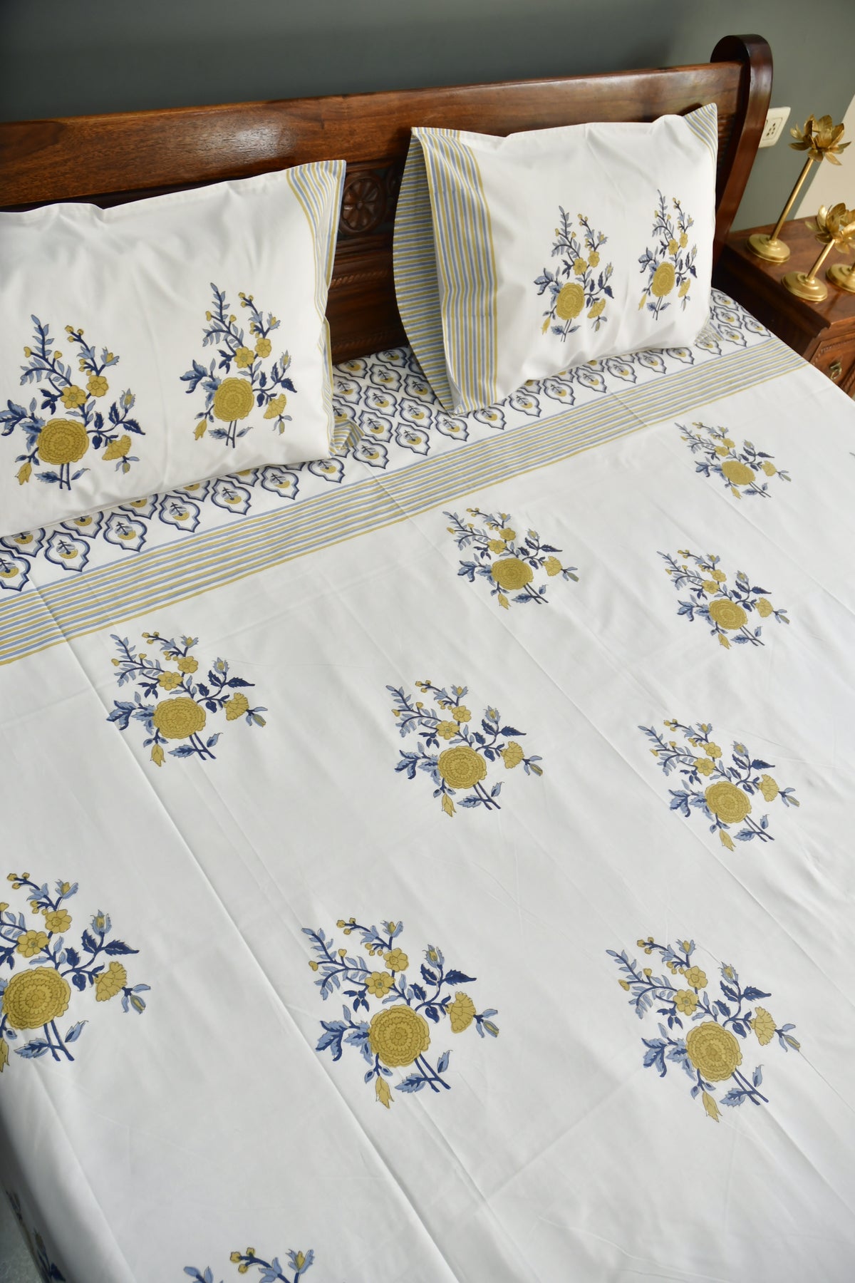 Royal Blue yellow Buta Bedsheet Hand Block gifting