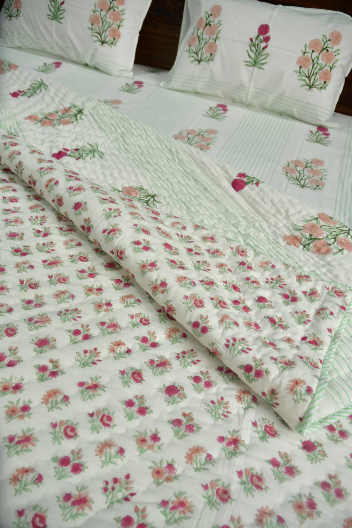 Peach and Pink Floral Premium  HandBlock  Quilt