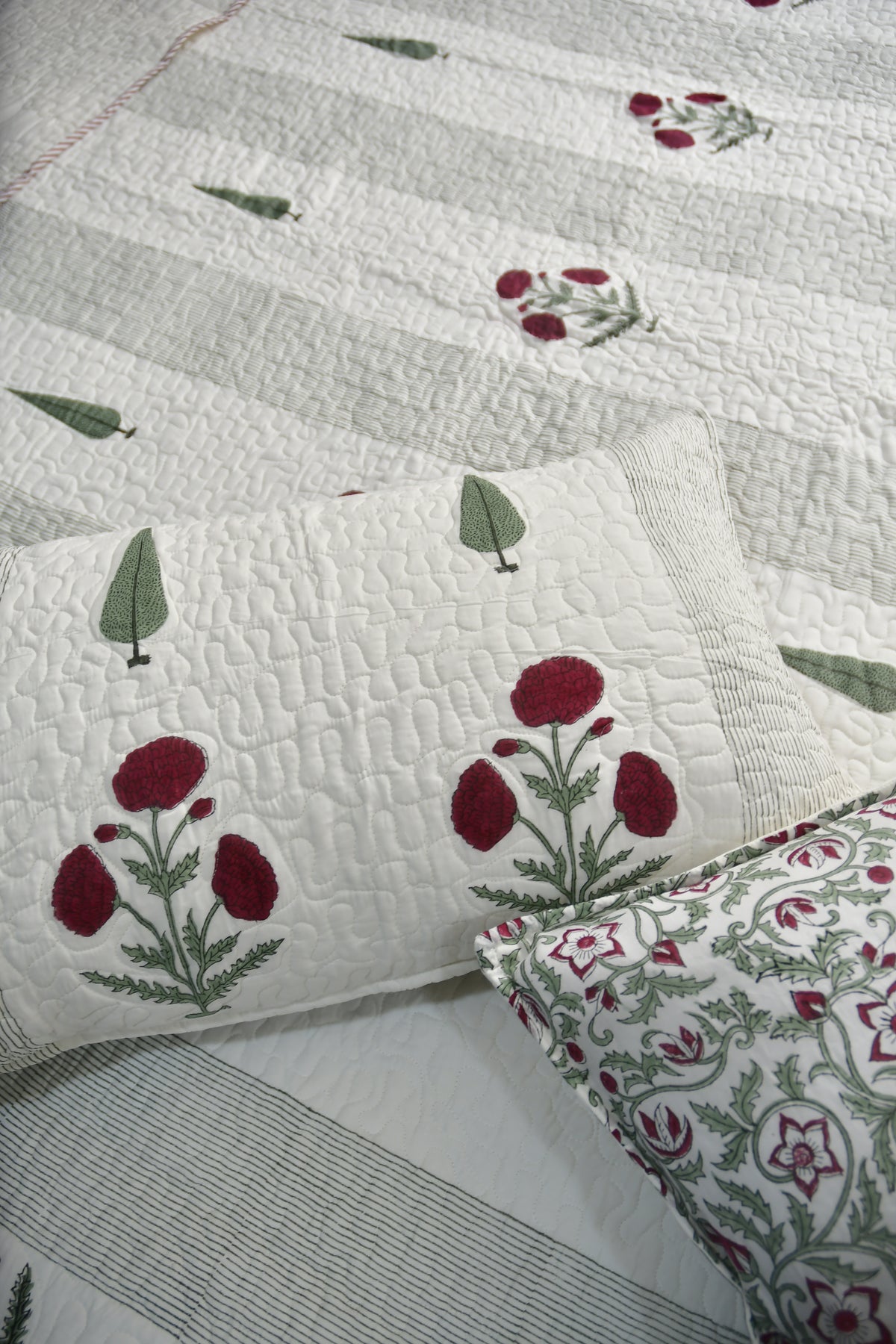 Red Poppy Quilted bedcover Hand Block premium organic cotton