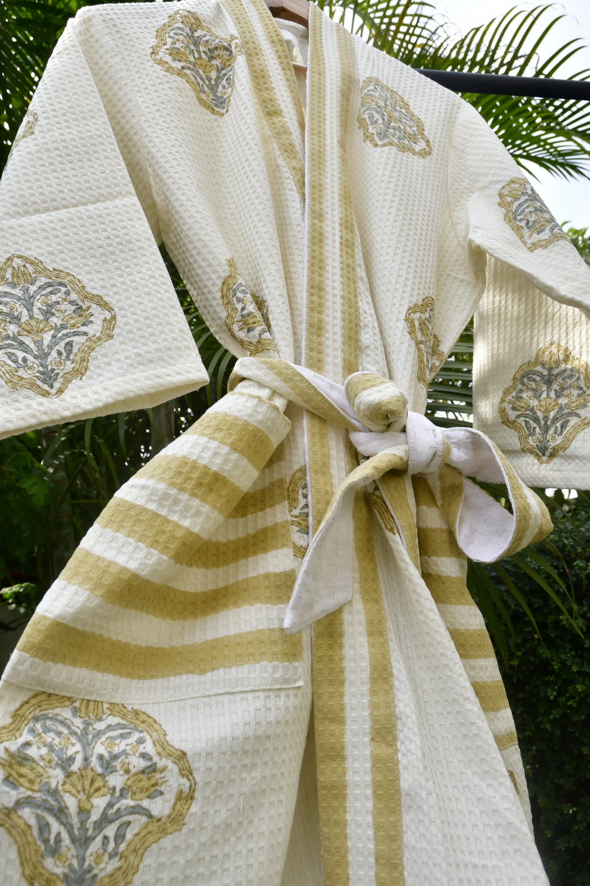 Royal Mustard stripe waffle cotton Bathrobe