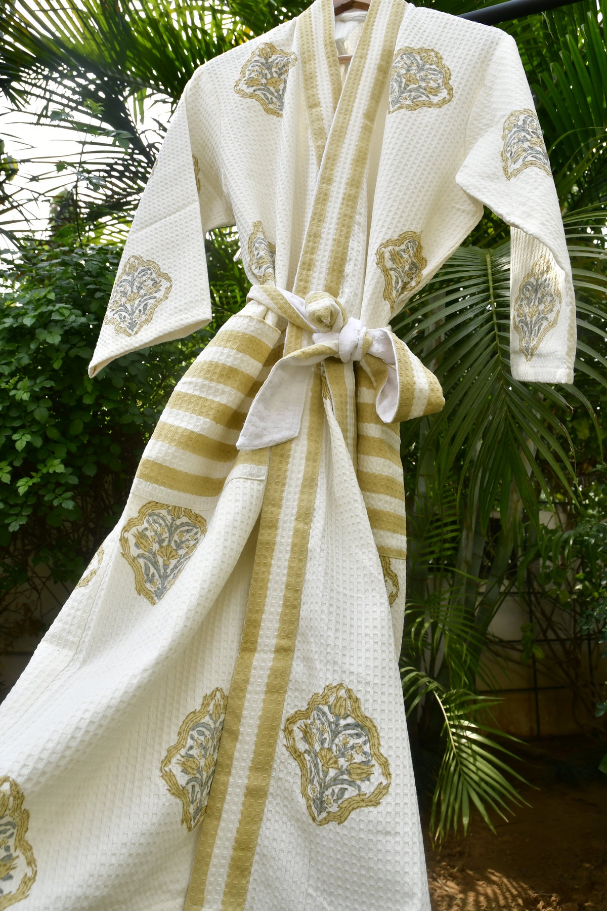 Royal Mustard stripe waffle cotton Bathrobe organic cotton