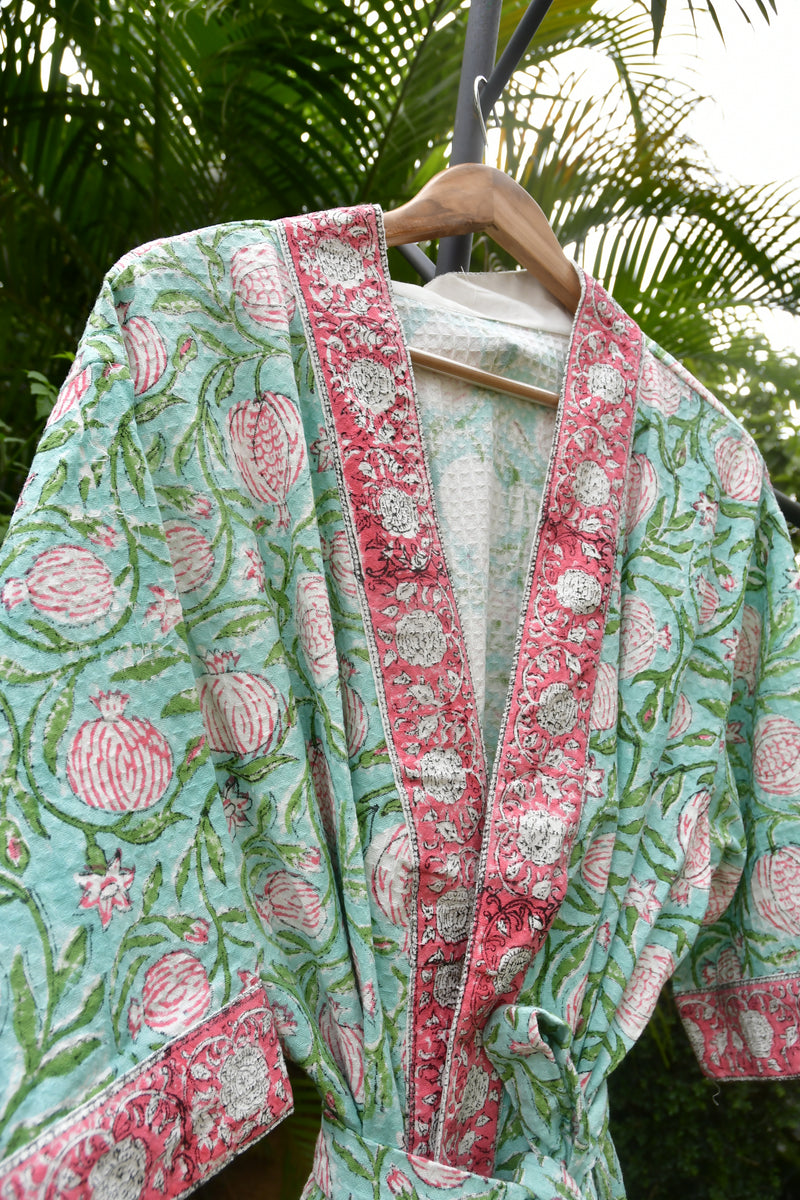 Sea Green Pomegranate waffle cotton Bathrobe