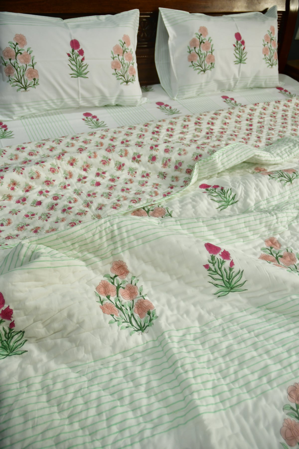 Peach and Pink Flower Premium  HandBlock Quilt Bedding set