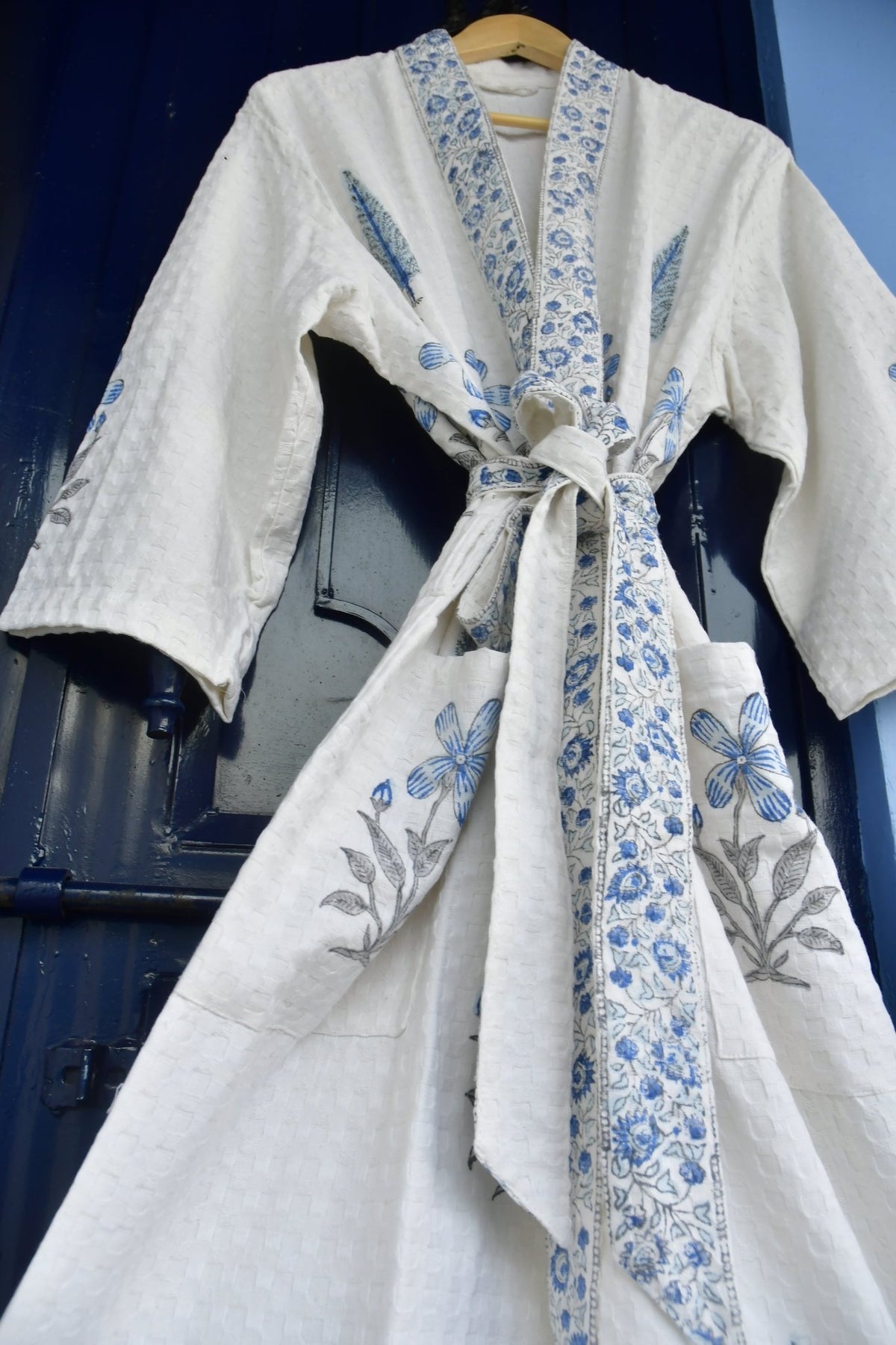 Blue and white bathrobe