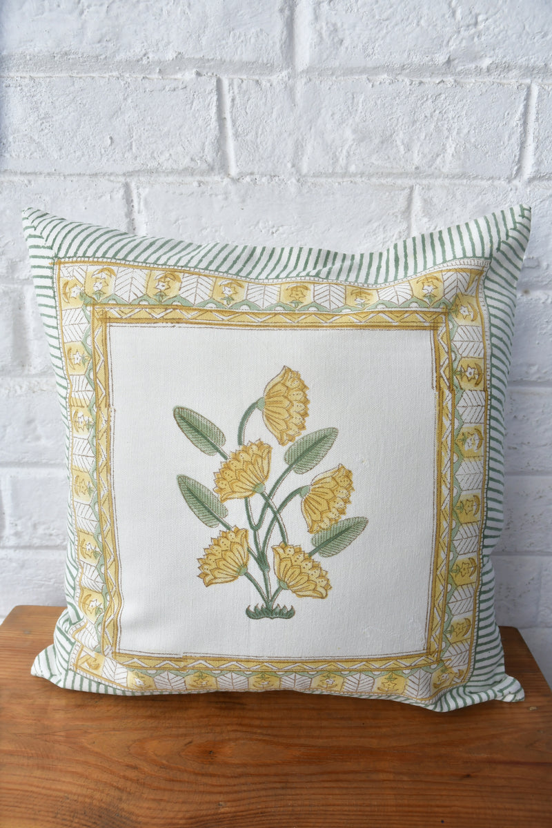 Yellow cotton HandBlock cushion cover