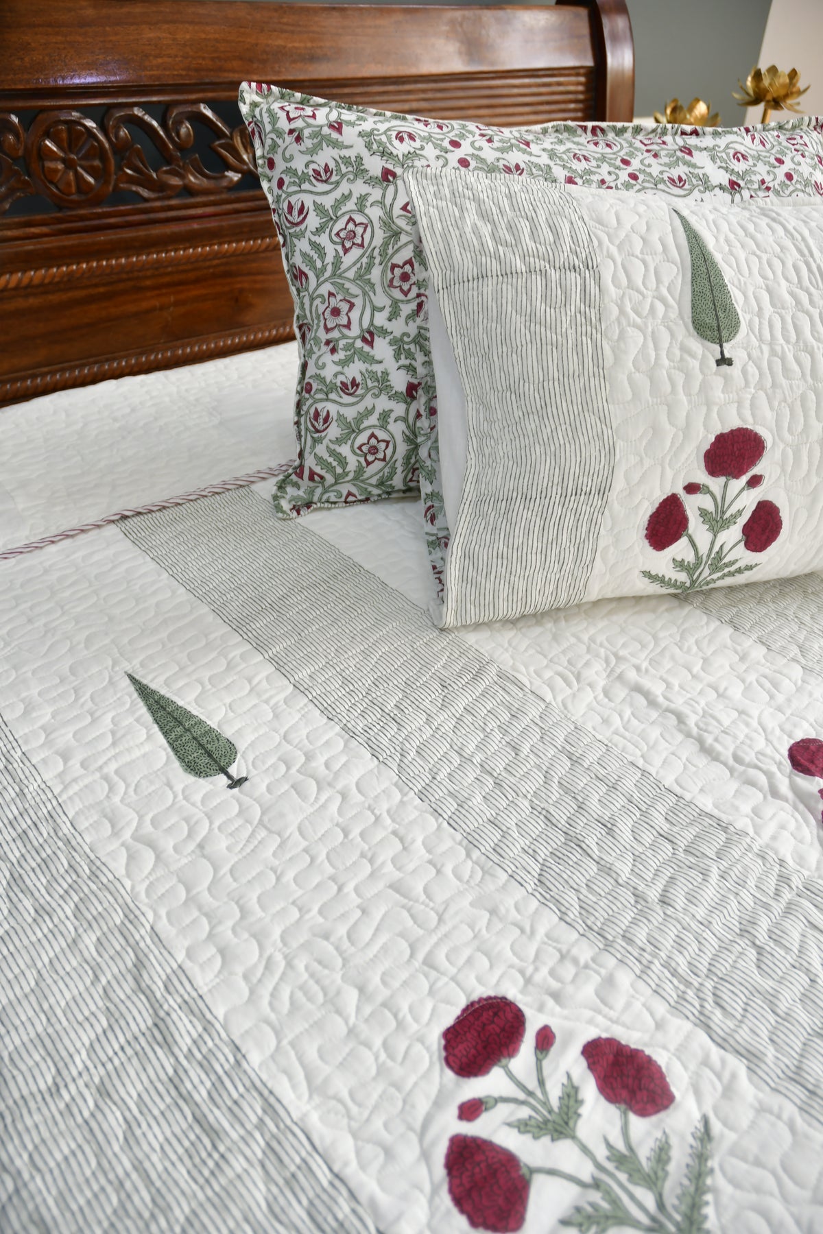 Red Poppy Quilted bedcover Hand Block premium organic cotton