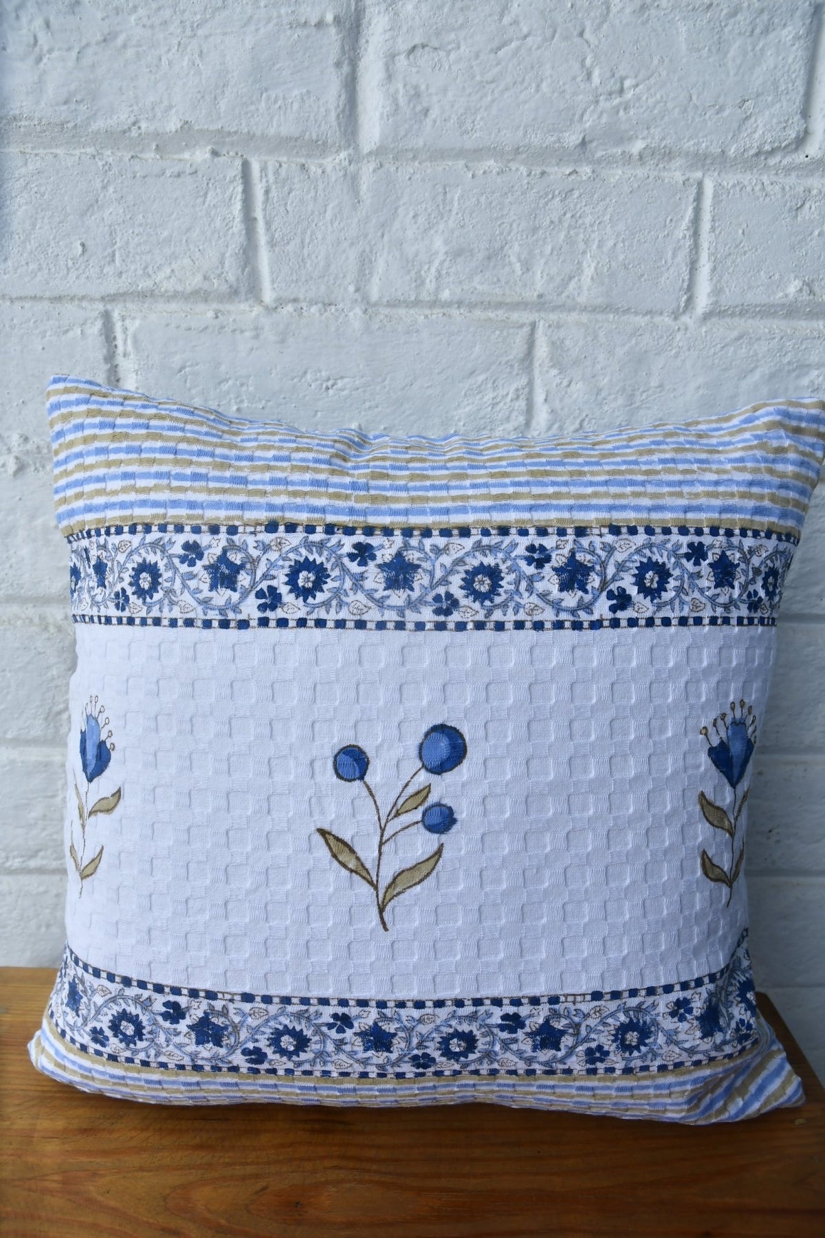 Blue floral HandBlock waffle cushion cover