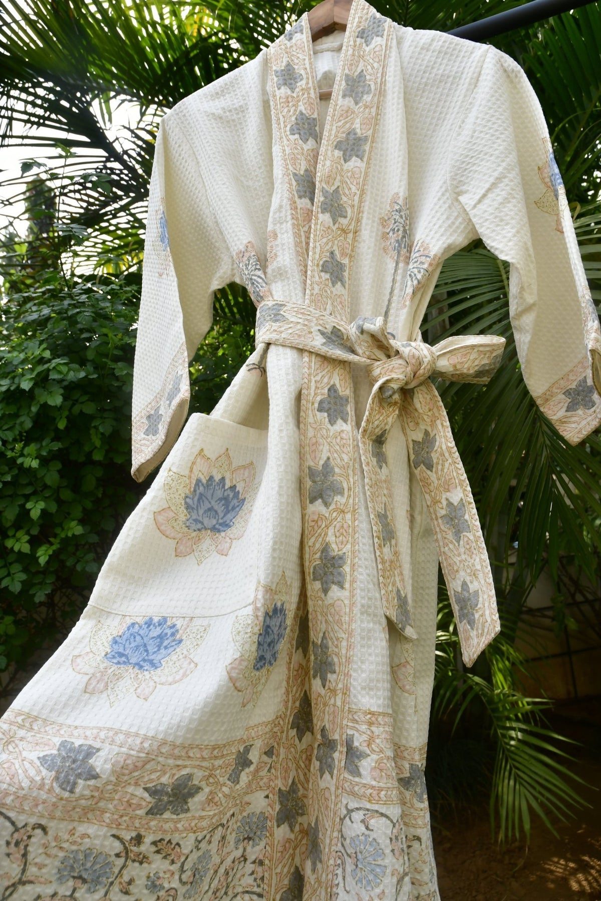 Blue Lotus waffle cotton Bathrobe Hand Block