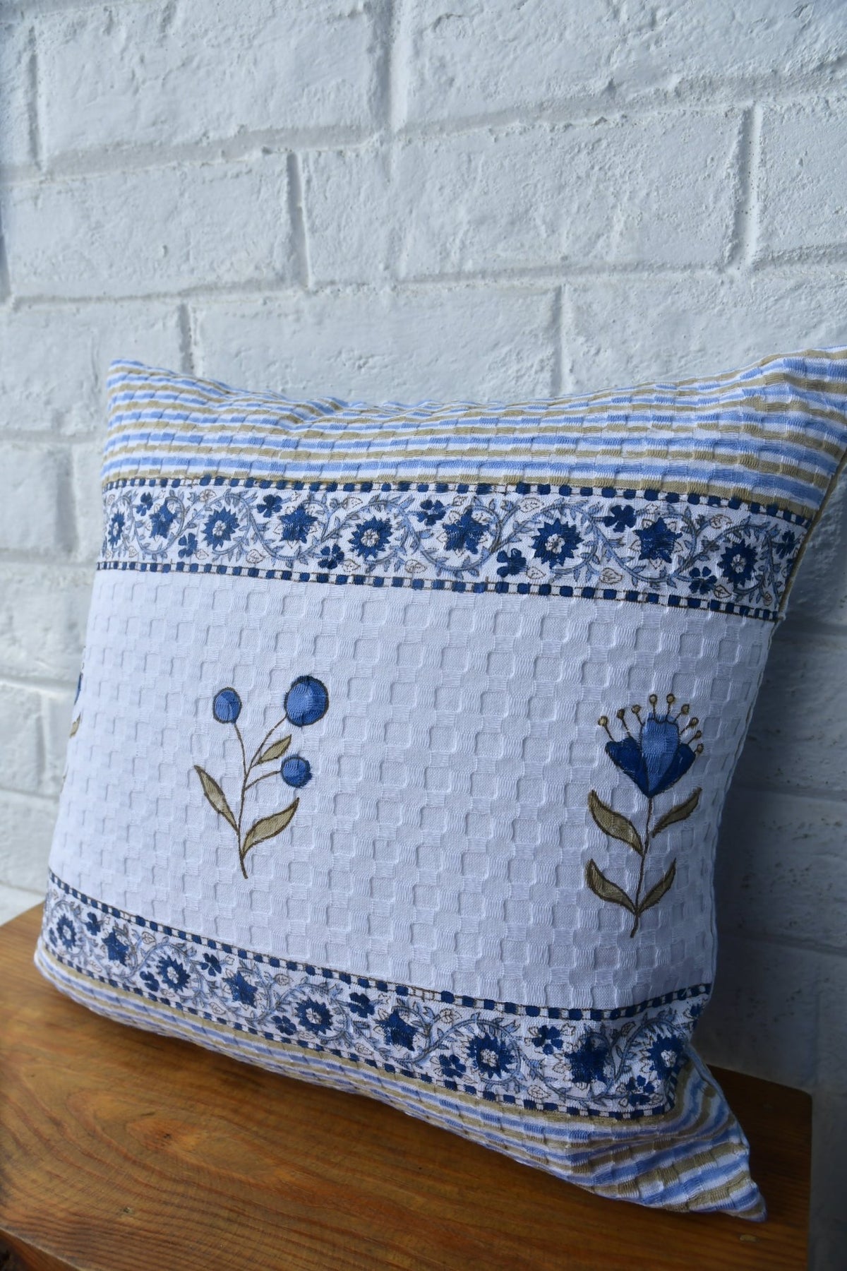 Blue floral stripe waffle cotton cushion cover 