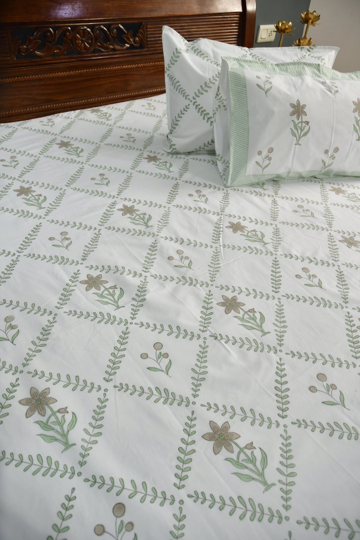 Premium HandBlock Green Jaal cotton Bedsheet 