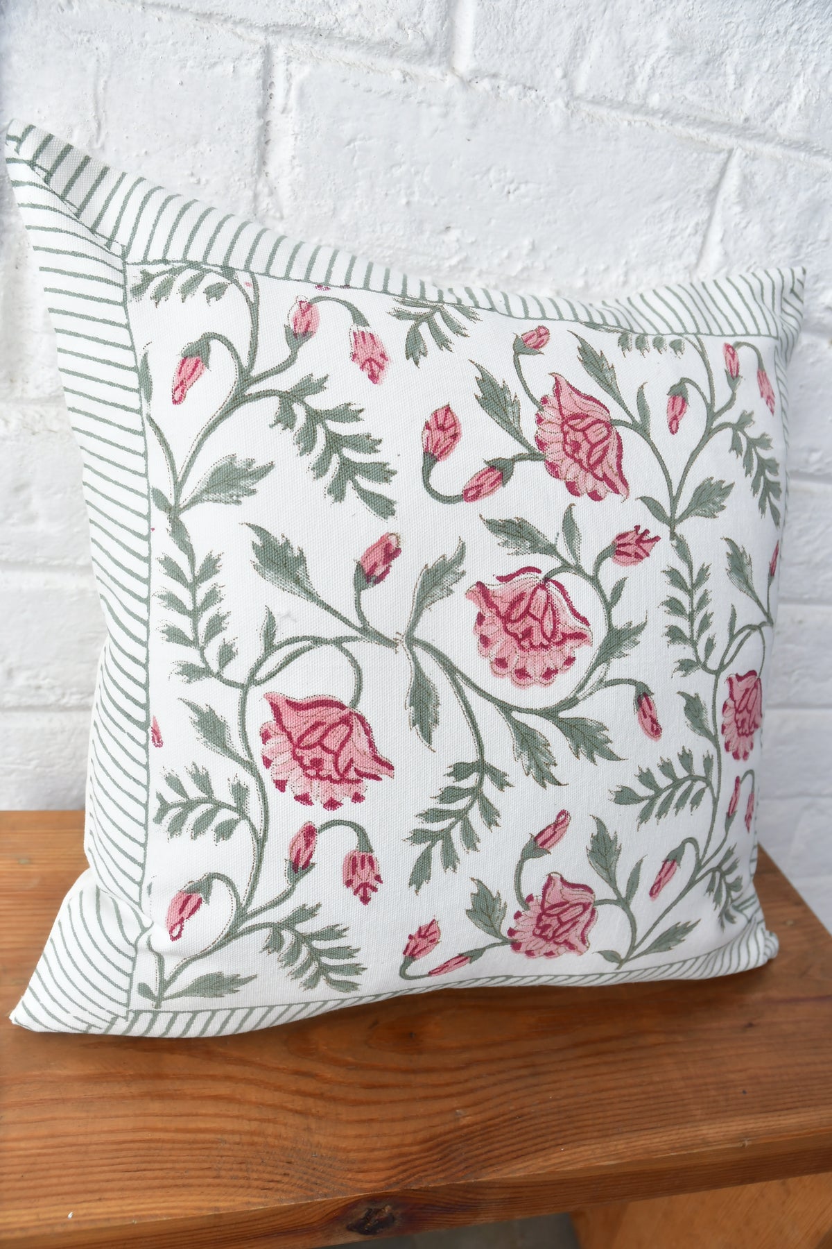 Pink floral jaal HandBlock cushion cover 