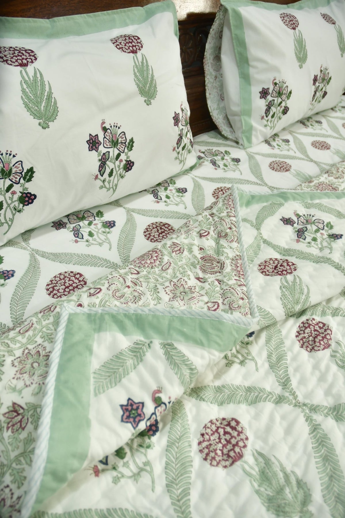 Butterfly and Floral Premium HandBlock Quilt Bedding Set