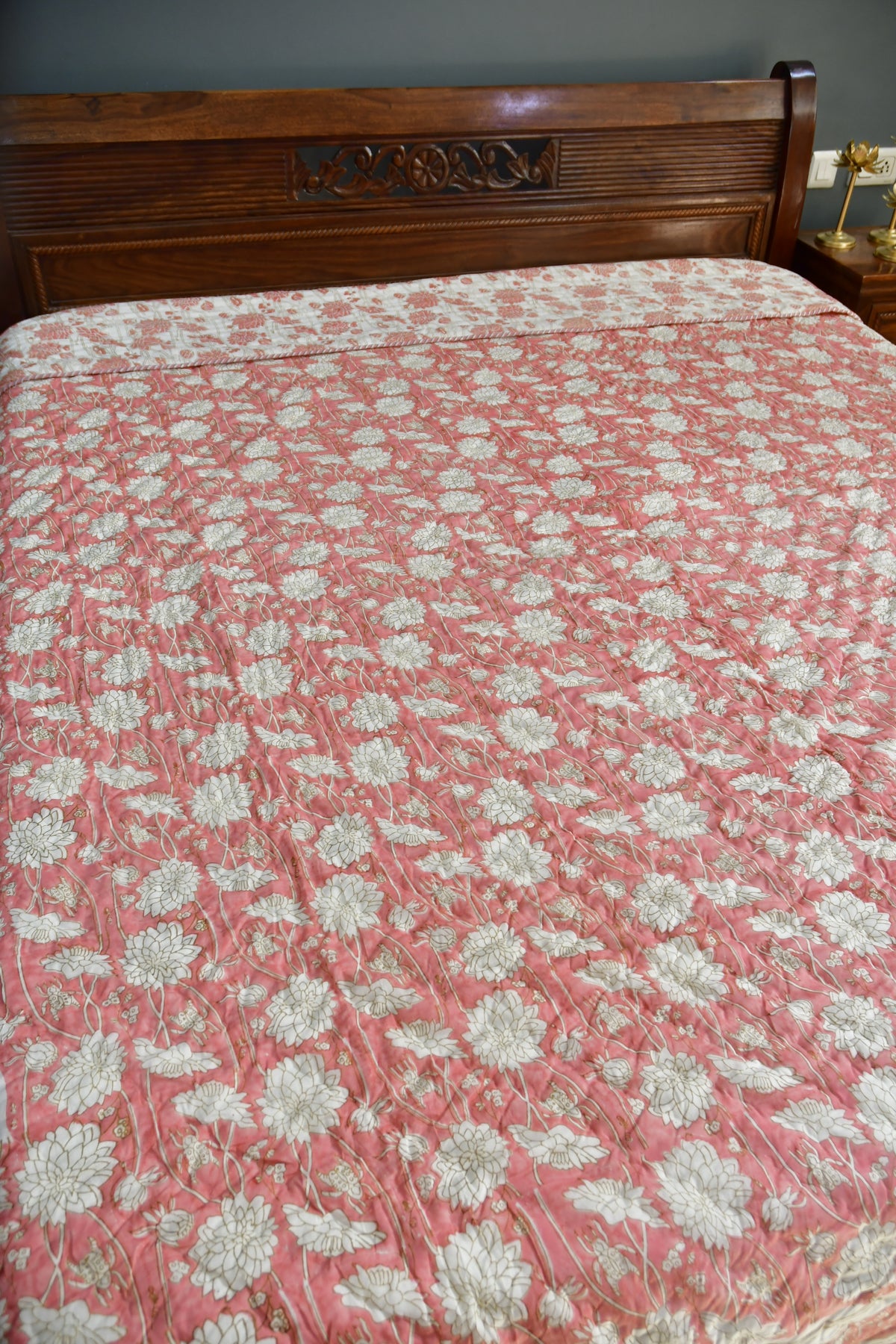 Pink Floral reversible Quilt Hand Block Best rajai