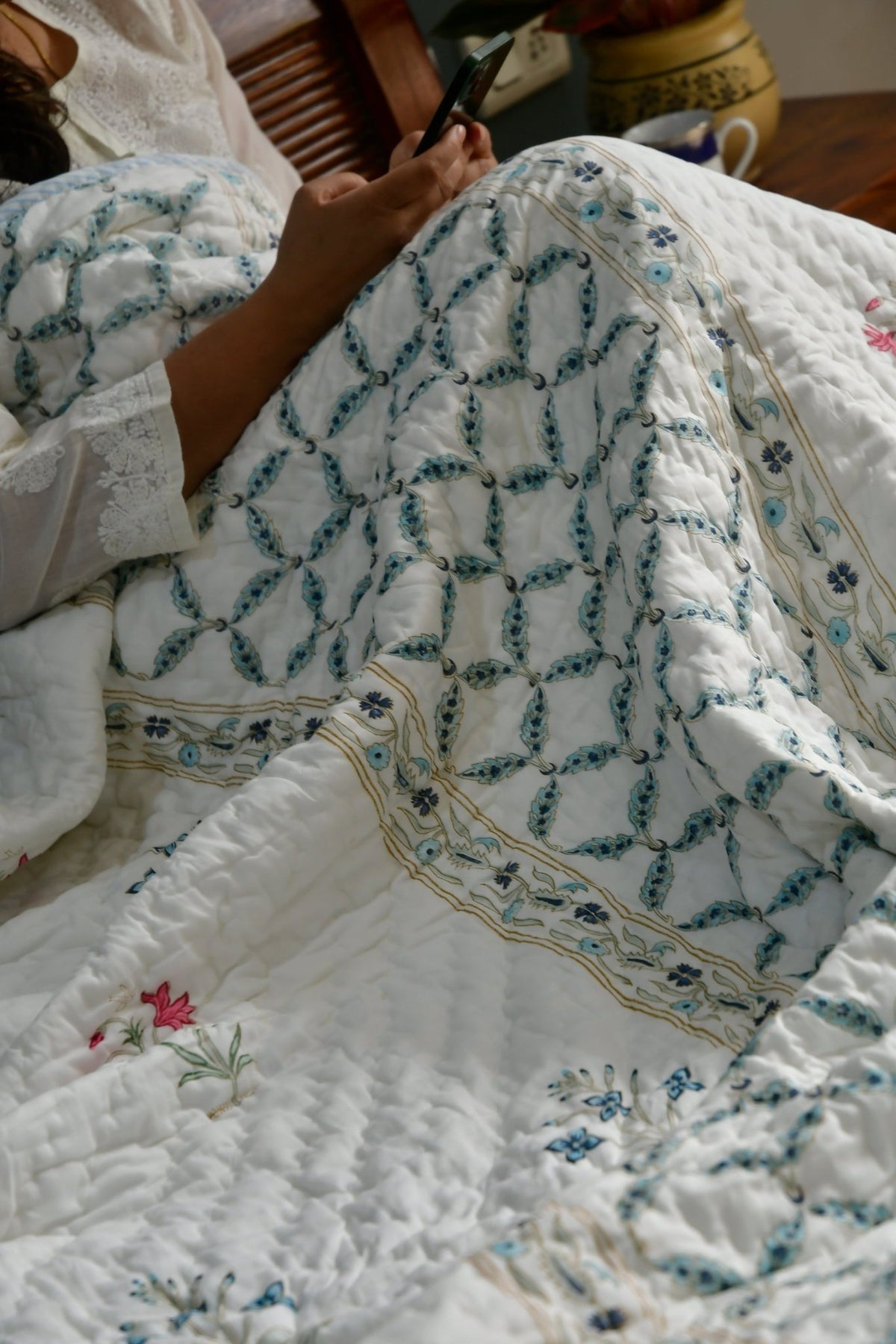 Handblock Blue Jaal n Buta Quilt, Rajai