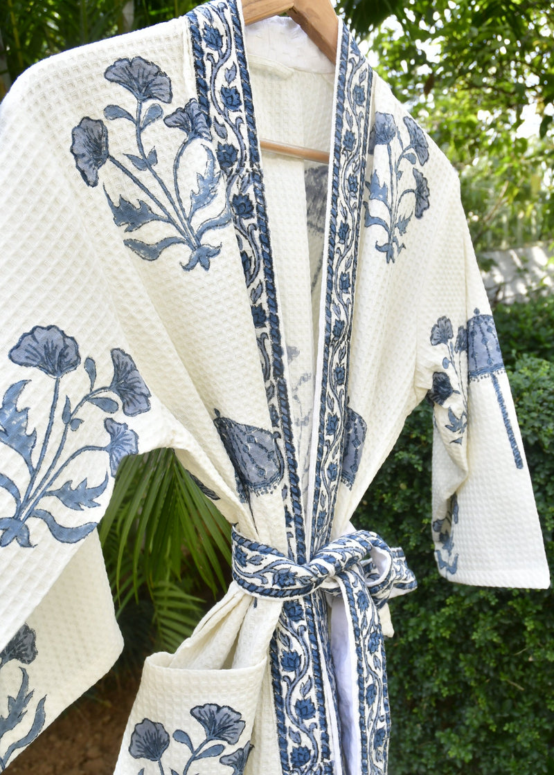 Indigo chattri waffle cotton Bathrobe