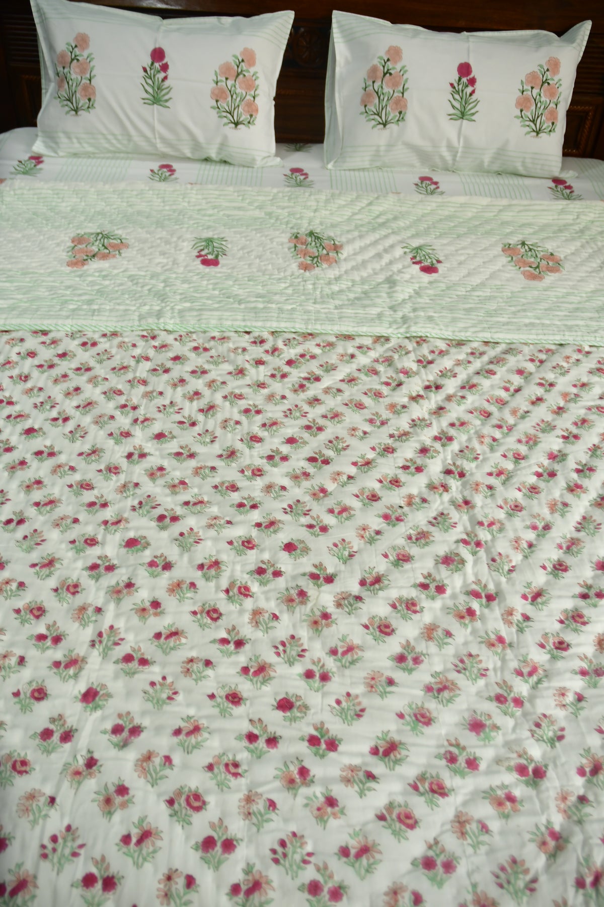 Peach and Pink Flower Premium  HandBlock Quilt Bedding set