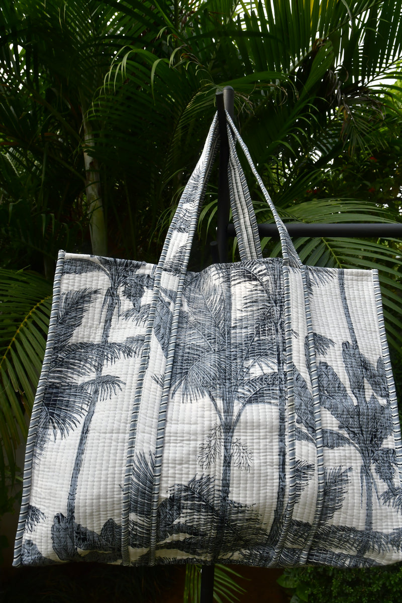 Grey White Palm Tree Tote Bag Hand Block