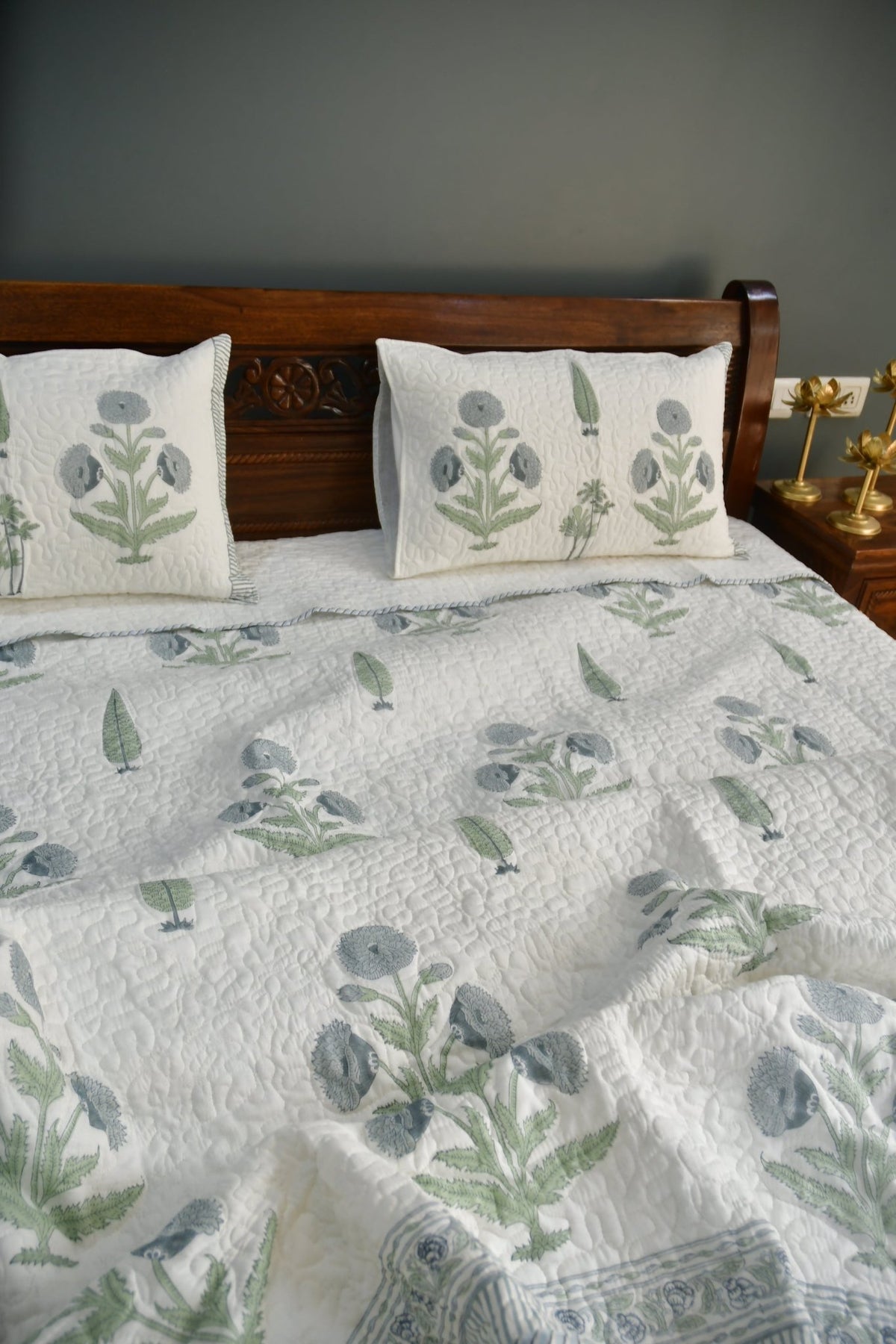 Blue Grey Hand Block Quilted bedcover - Jaipur 