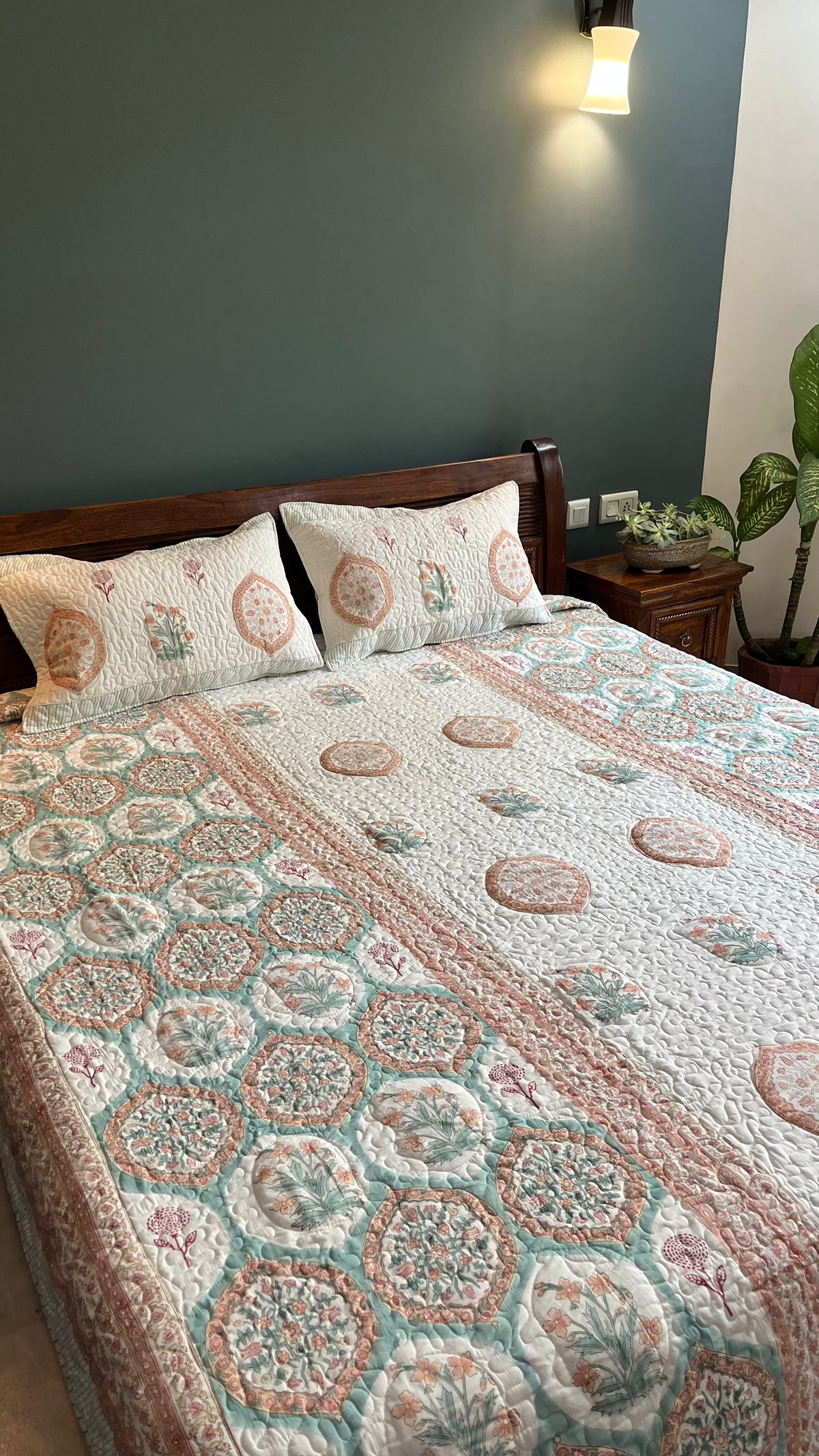 Peach and Green Floral Quilted Bedcover rajasthani