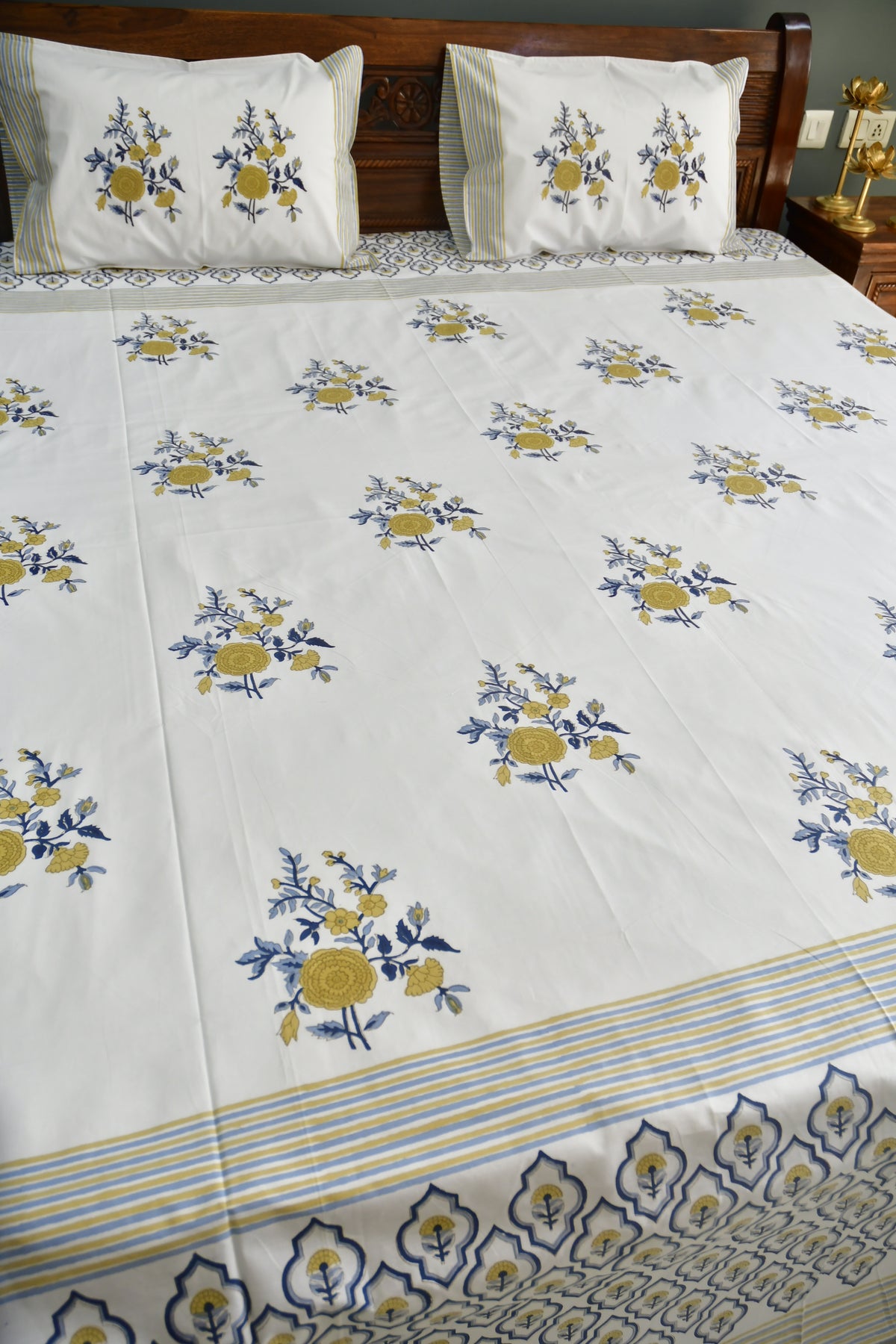 Royal Blue yellow Buta Bedsheet Hand Block Rajasthani