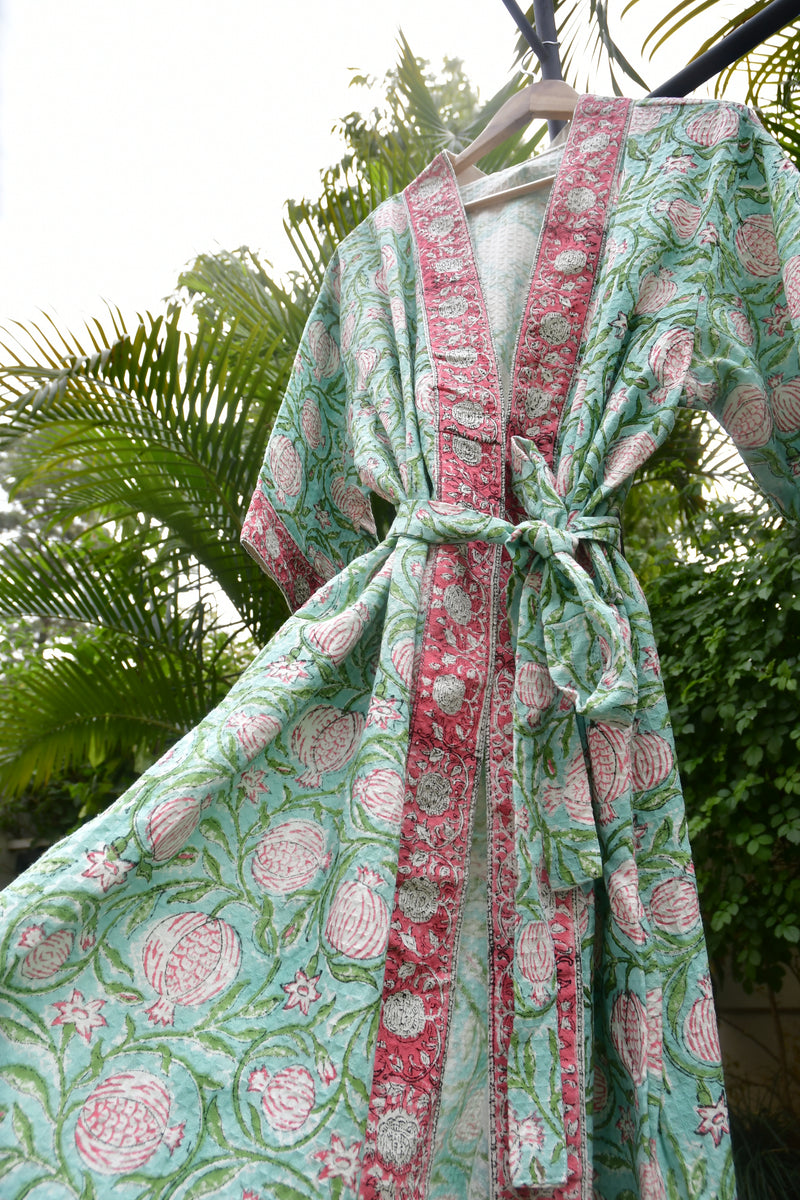 Sea Green Pomegranate waffle cotton Bathrobe Hand Block 