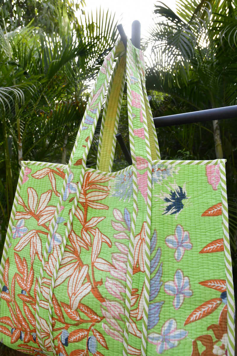 Light Green Floral Tote Bag Hand Block