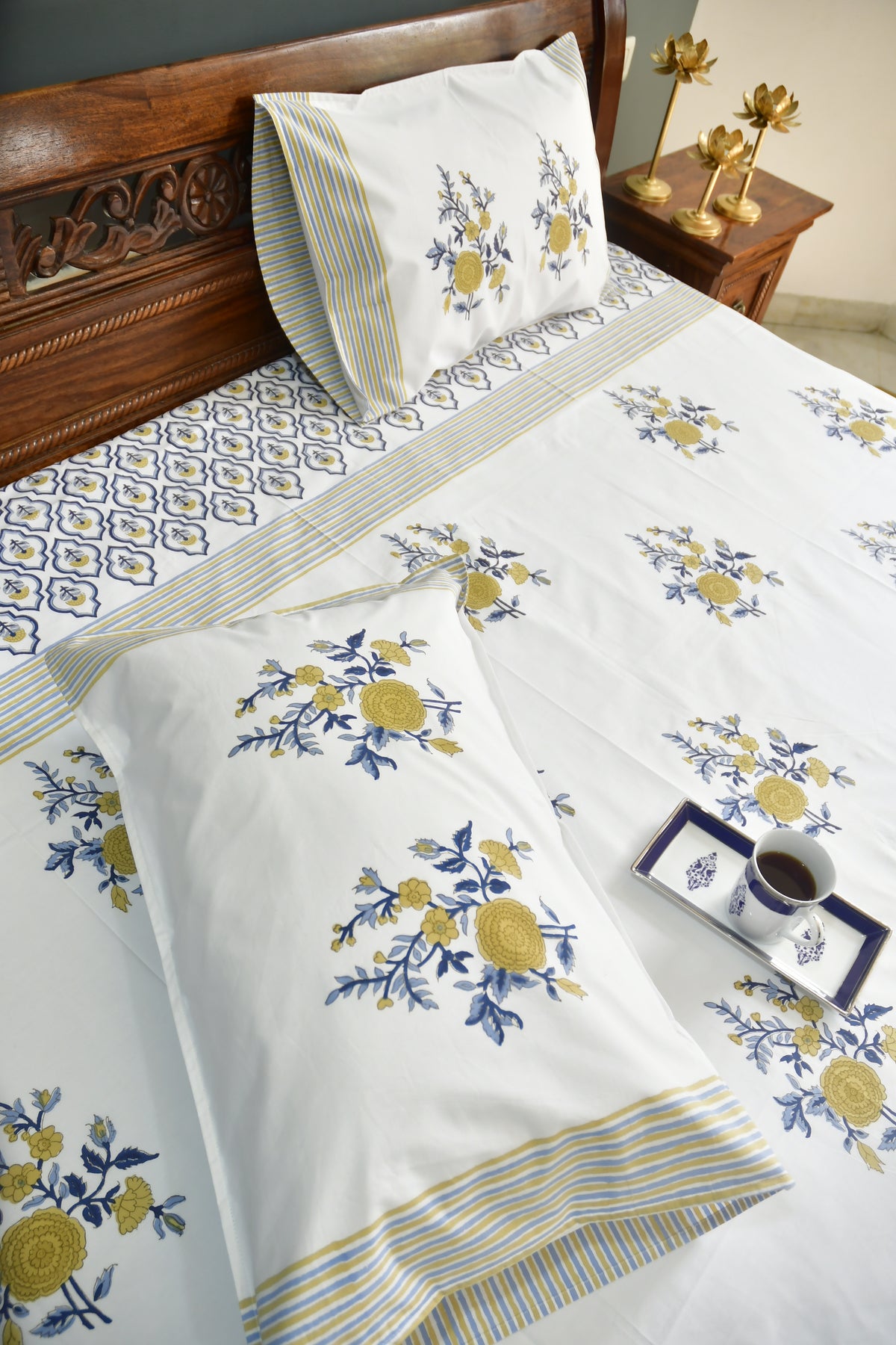 Royal Blue yellow Buta Bedsheet Hand Block premium