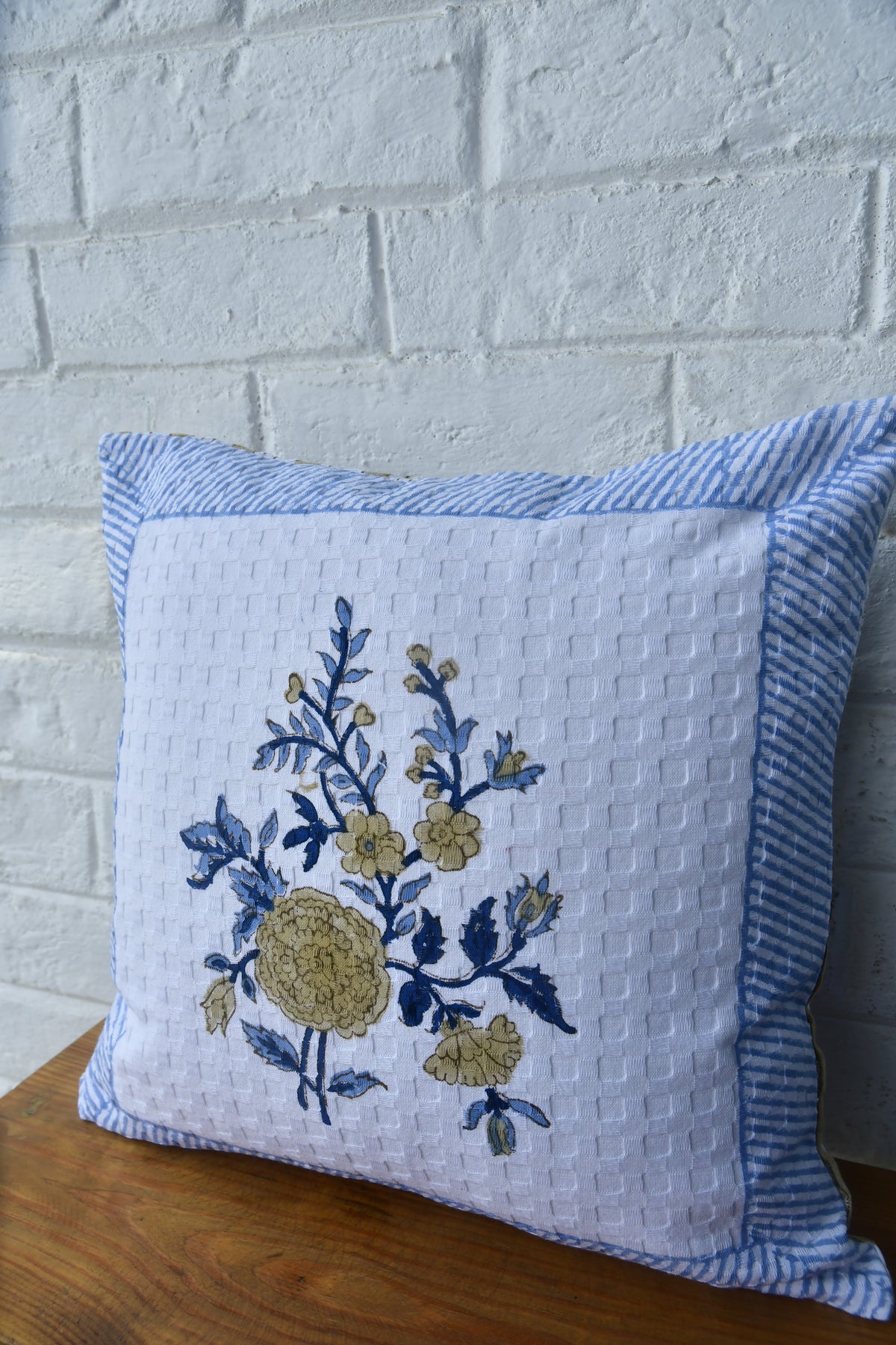 Blue with marigold HandBlock cushion cover 