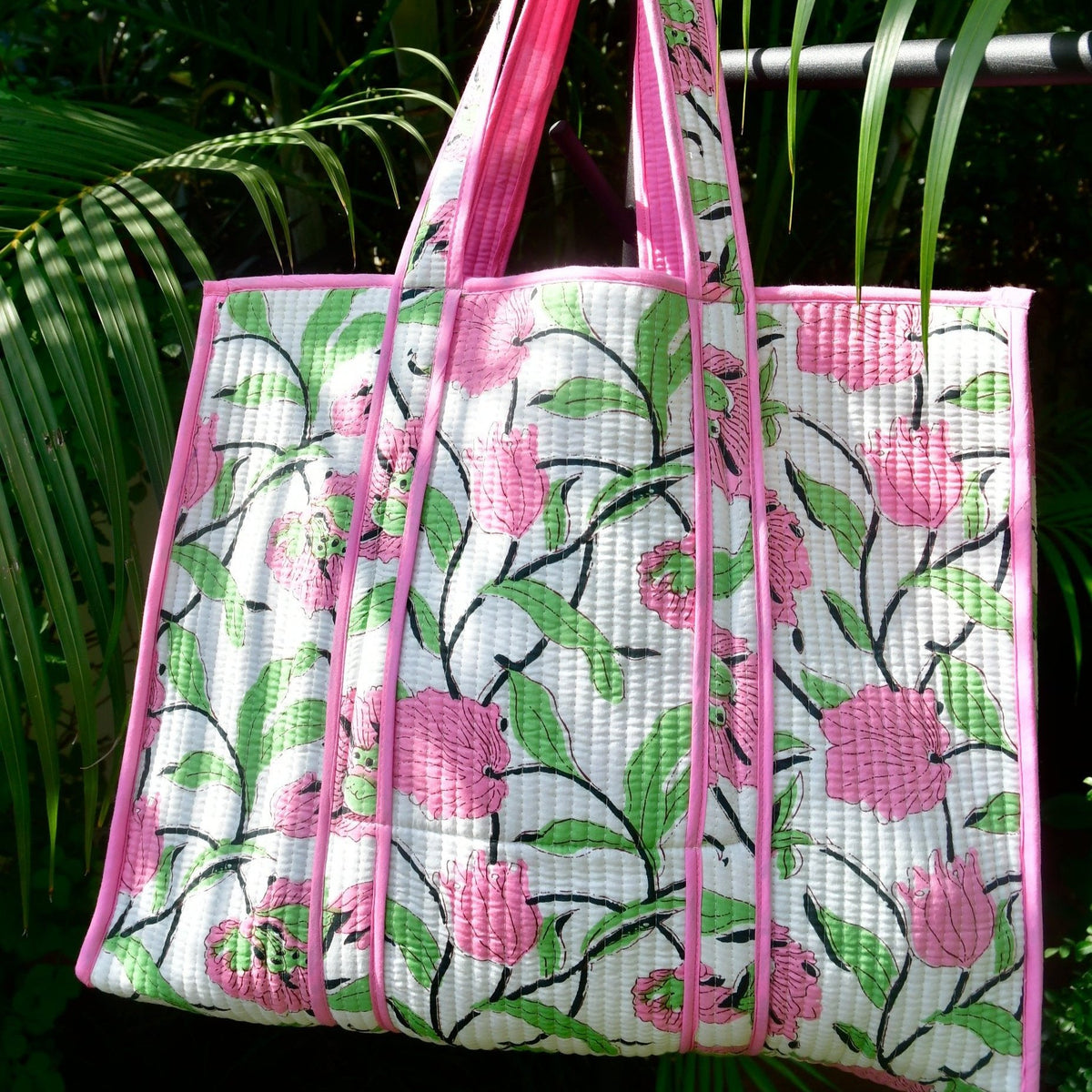 White Pink Tote Bag Hand Block