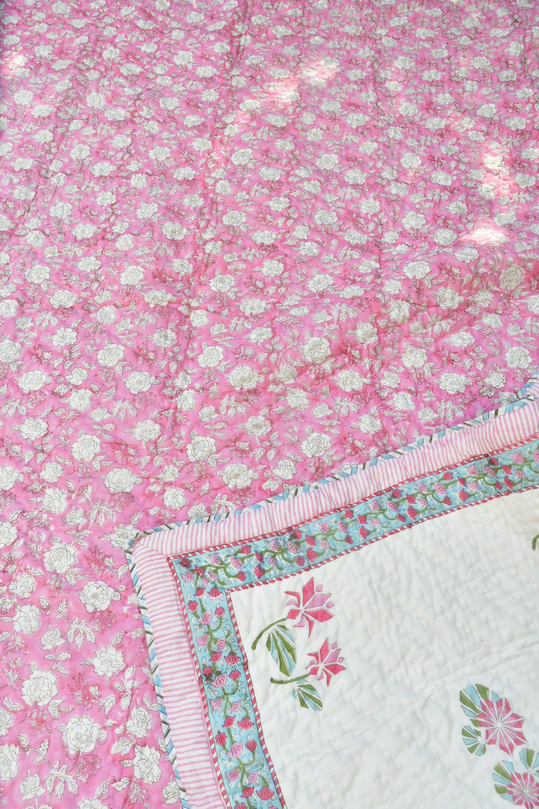 Pink Lotus Handblock Premium Quilt