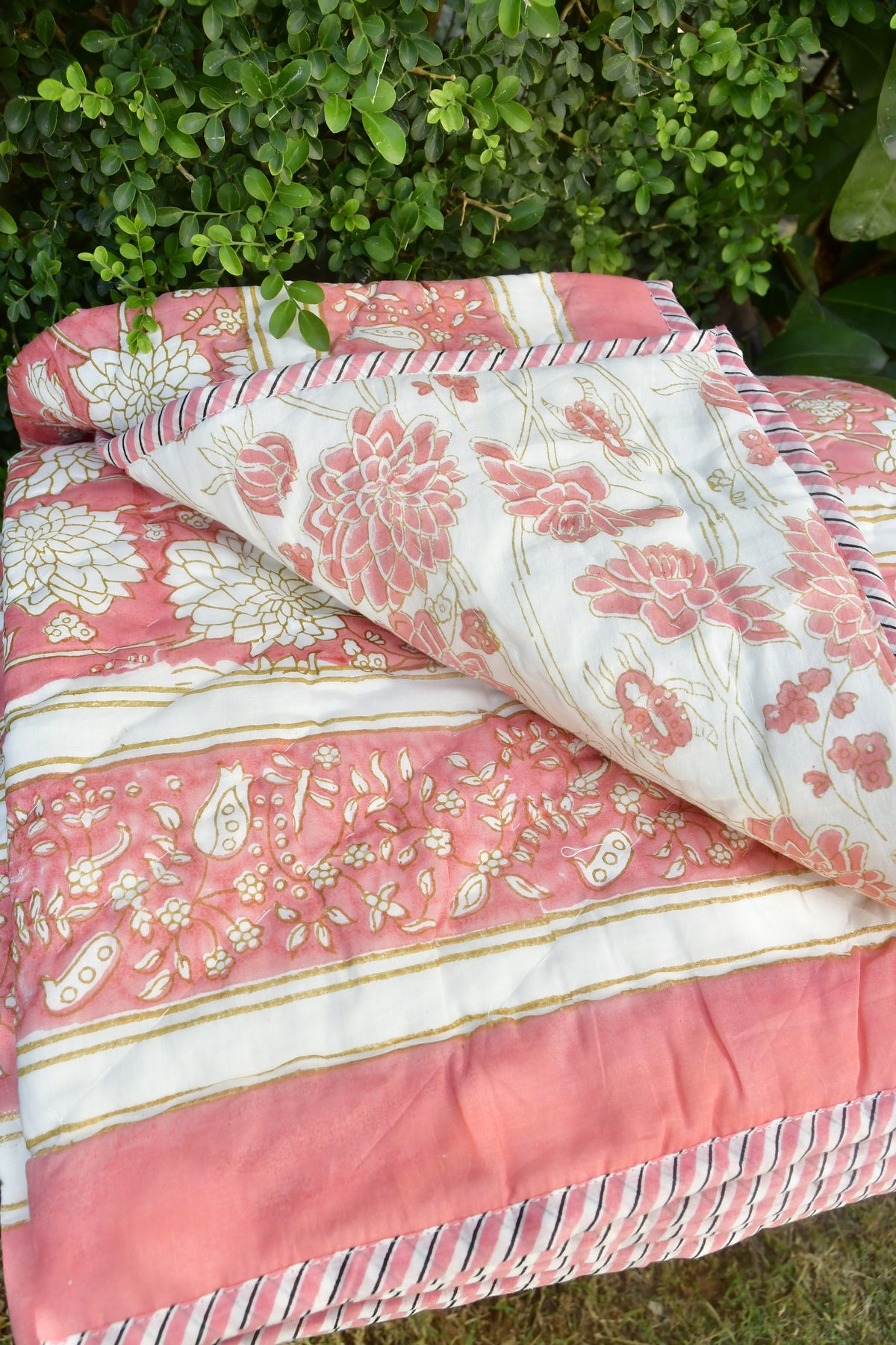 Pink Floral reversible Quilt Hand Block 