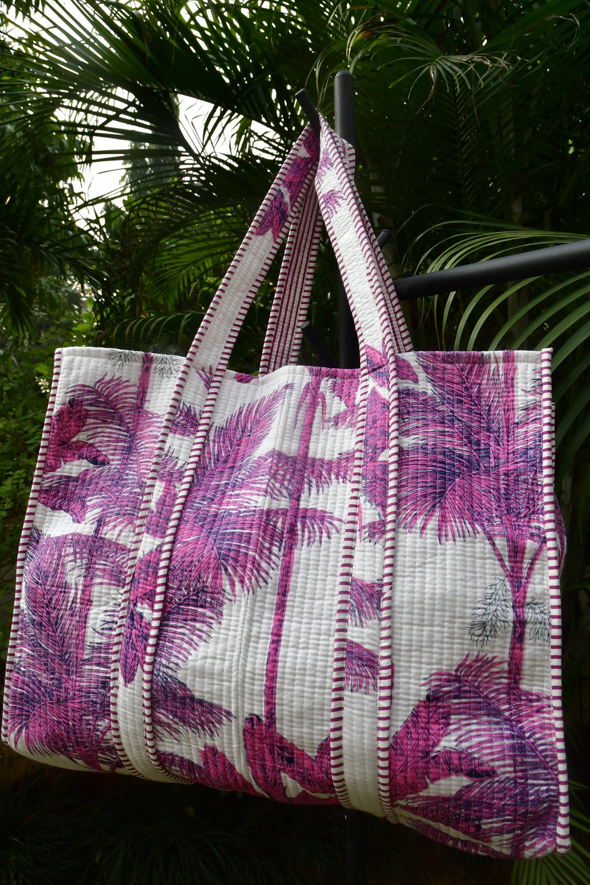 Pink White Palm Tree Tote Bag