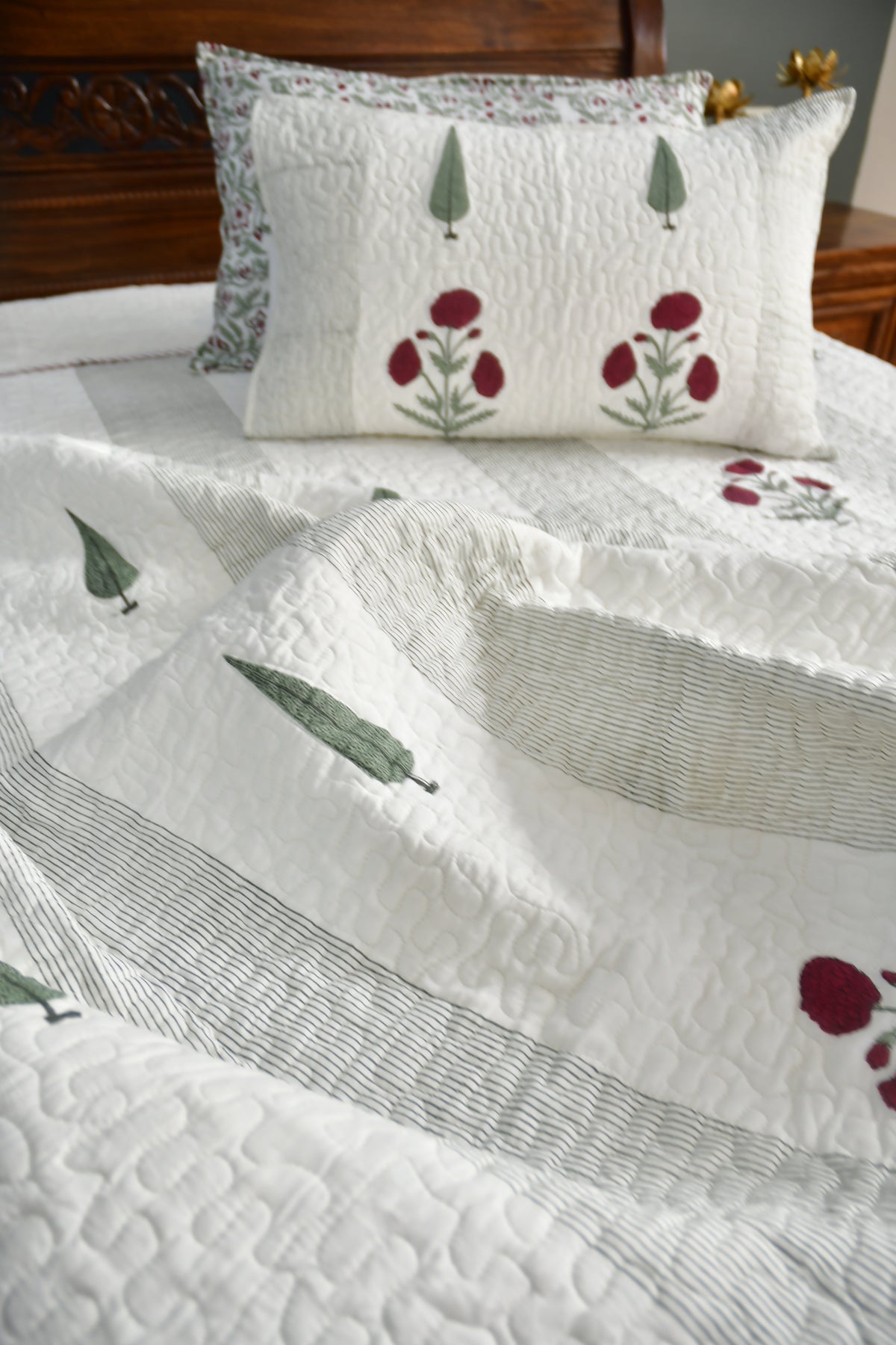 Red Poppy Quilted bedcover Hand Block premium organic cotton